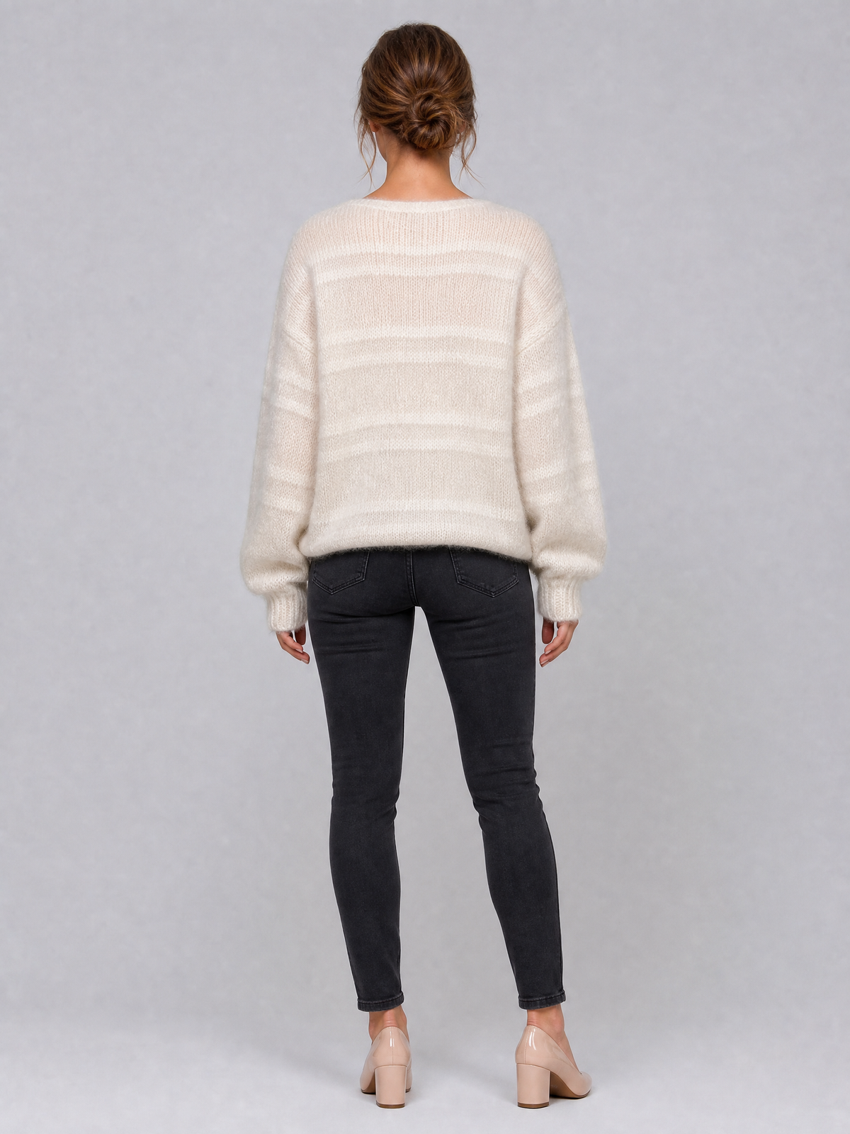 Women's Fluffy Striped Wool Blend Relaxed V Neck Jumper