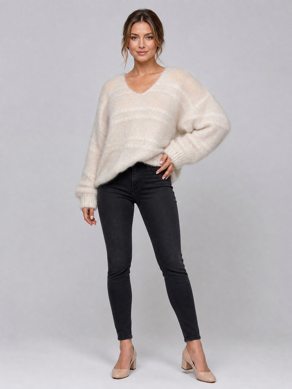 Women's Fluffy Striped Wool Blend Relaxed V Neck Jumper