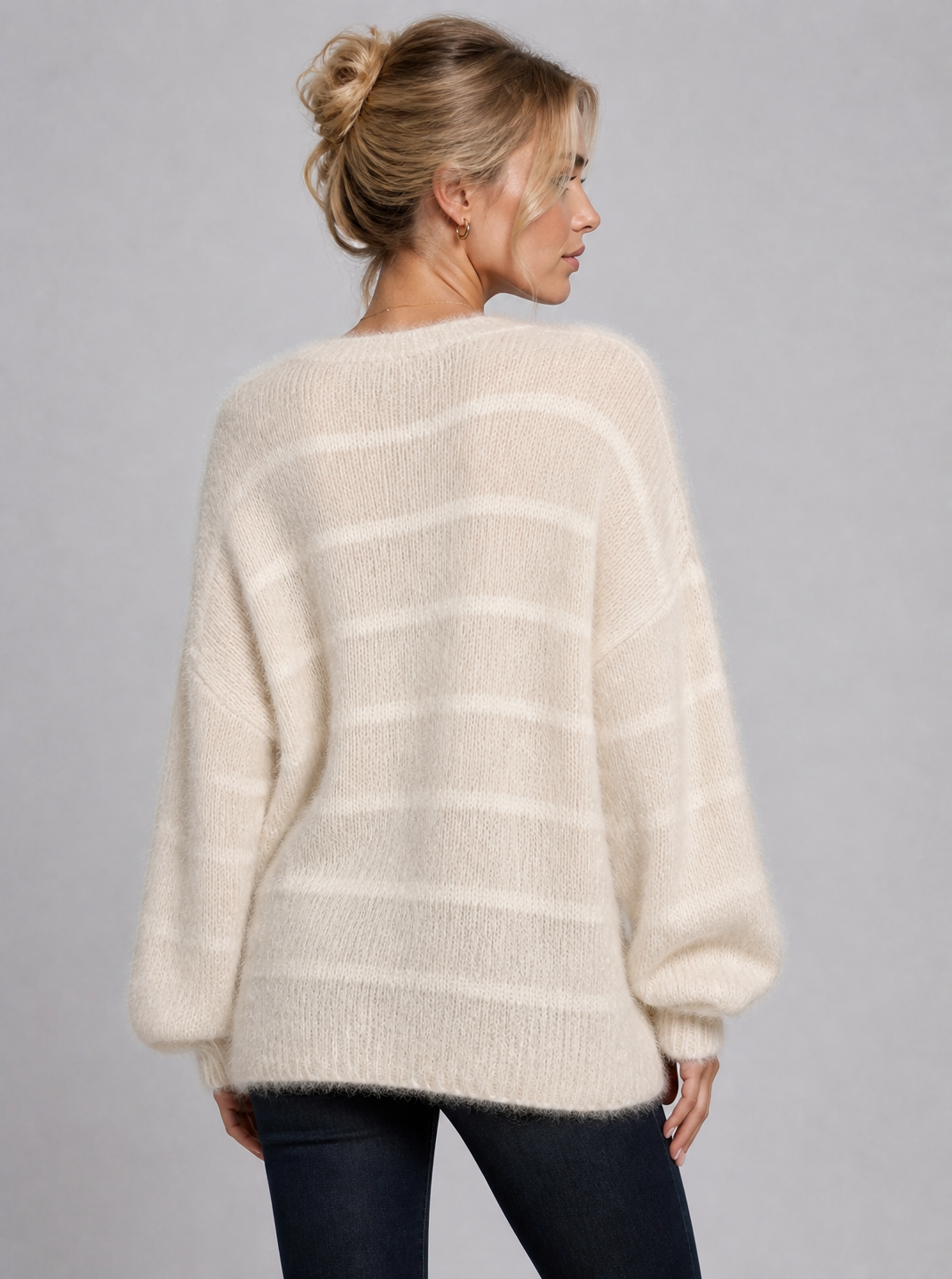 Women's Fluffy Striped Wool Blend Relaxed V Neck Jumper
