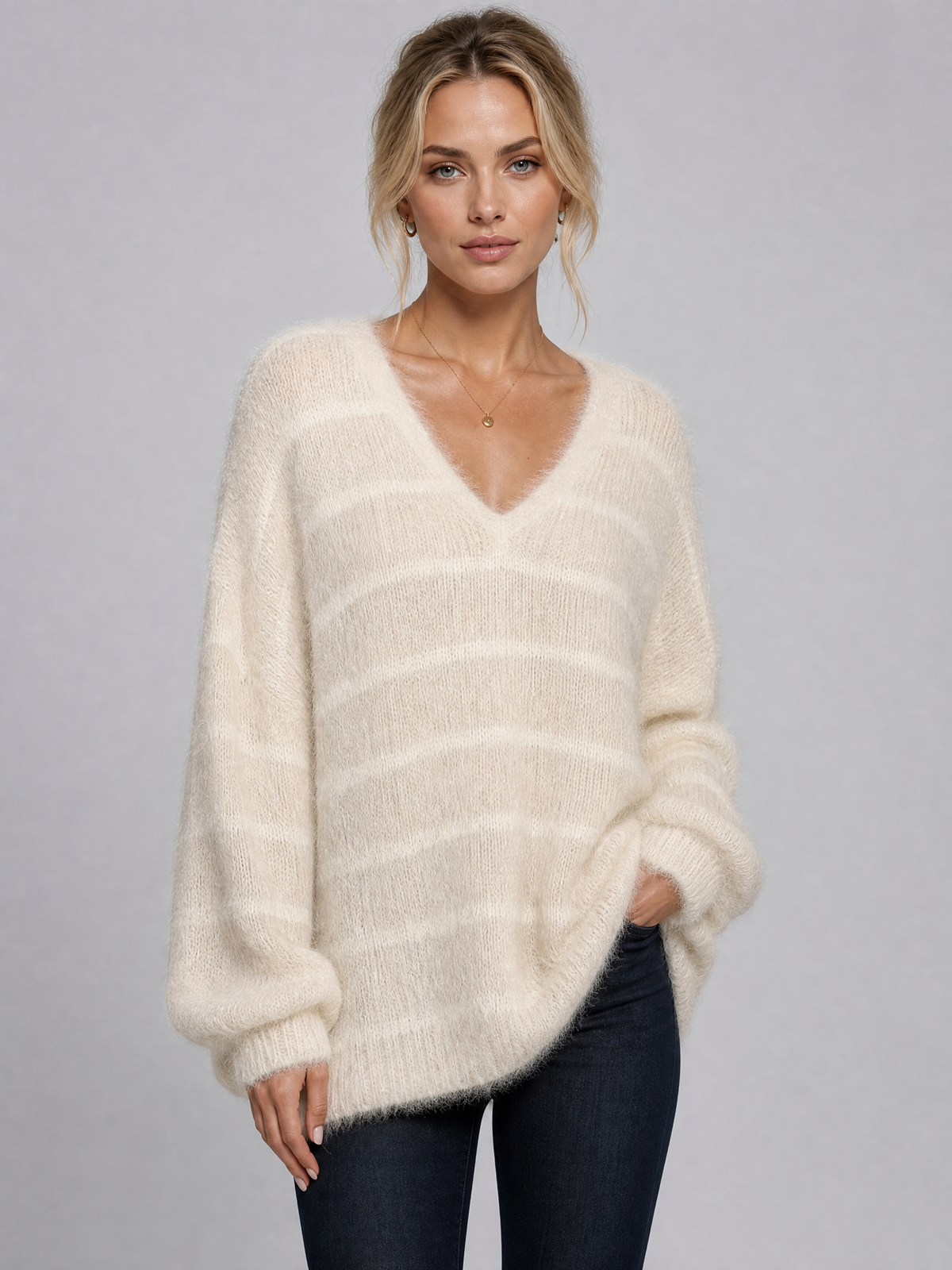 Women's Fluffy Striped Wool Blend Relaxed V Neck Jumper