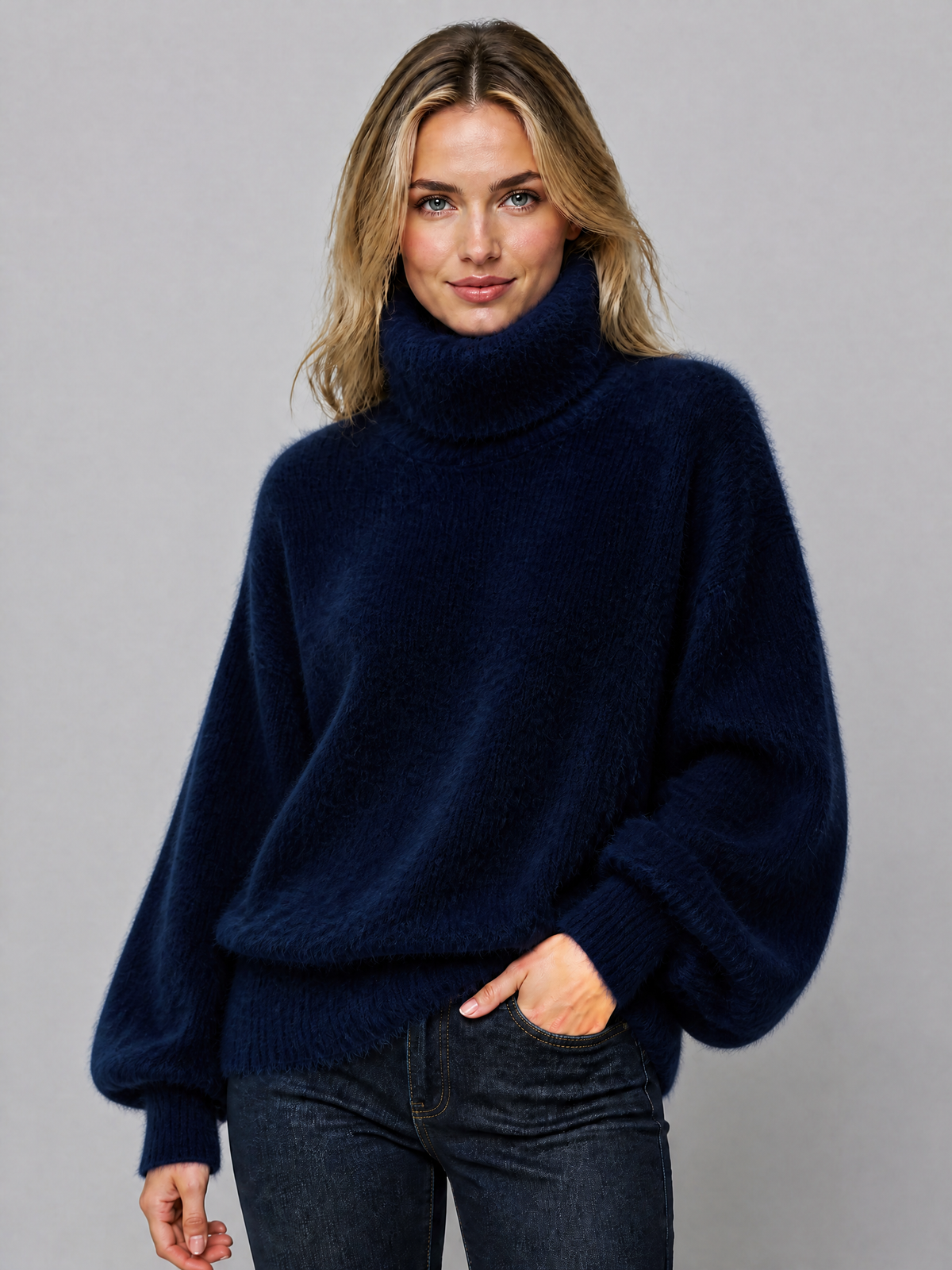Women's Fluffy Wool Blend Relaxed Roll Neck Jumper