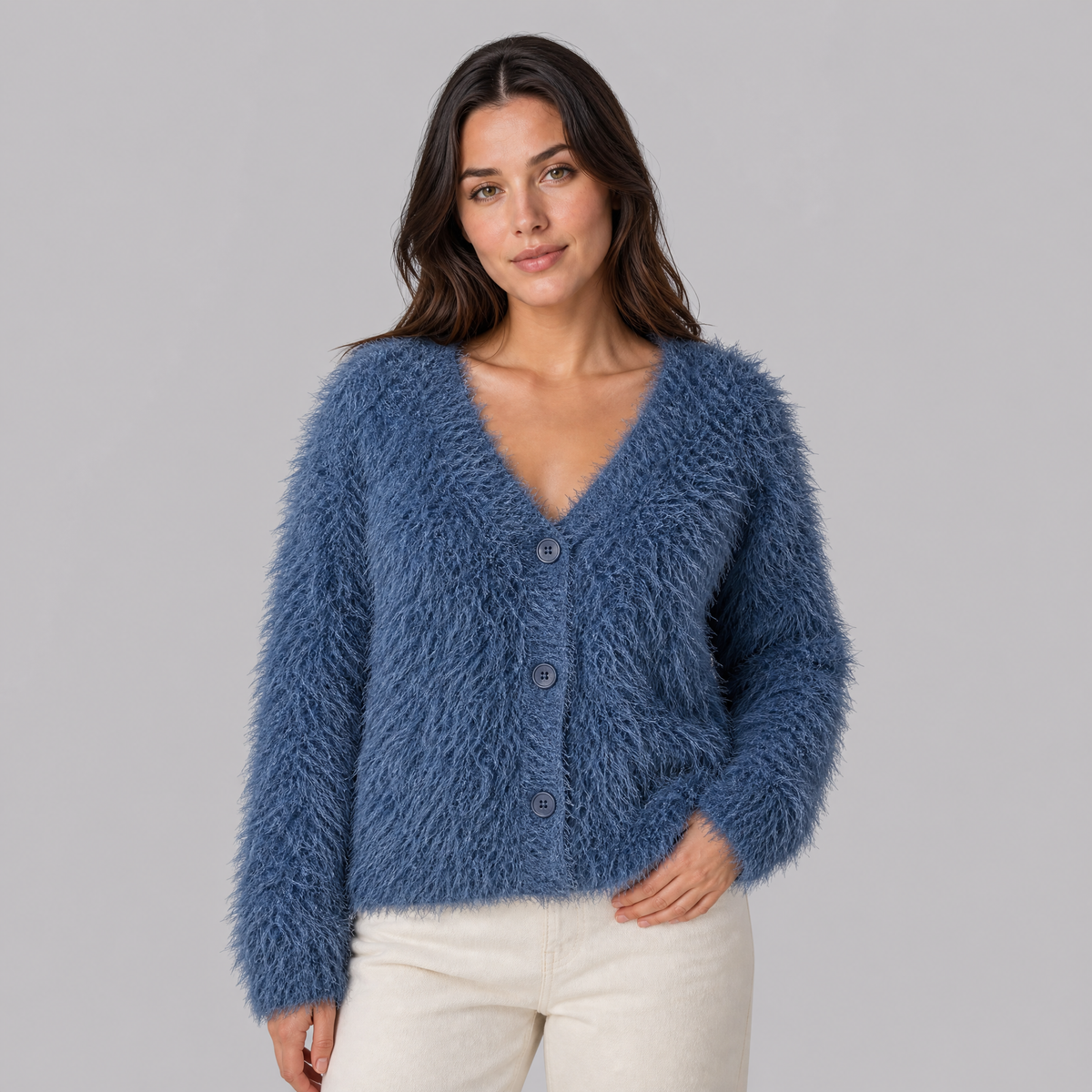 Women's Fuzzy Knit V Neck Button Front Cardigan
