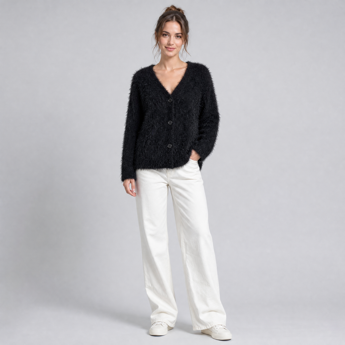 Women's Fuzzy Knit V Neck Button Front Cardigan