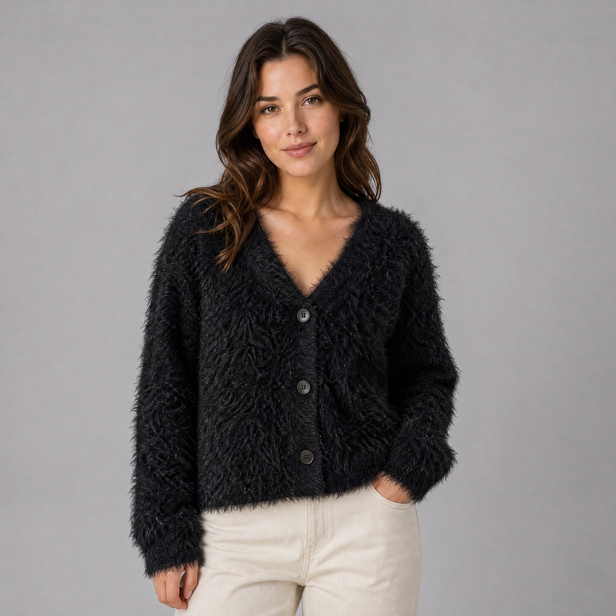 Women's Fuzzy Knit V Neck Button Front Cardigan