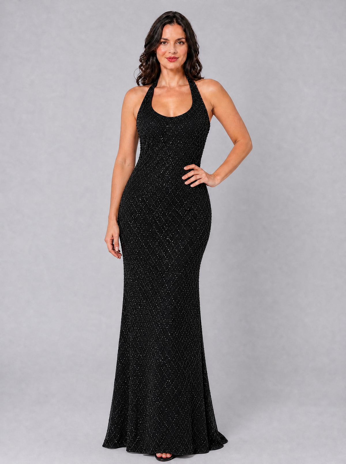 Women's Glitter Halter Scoop Neck Evening Maxi Dress