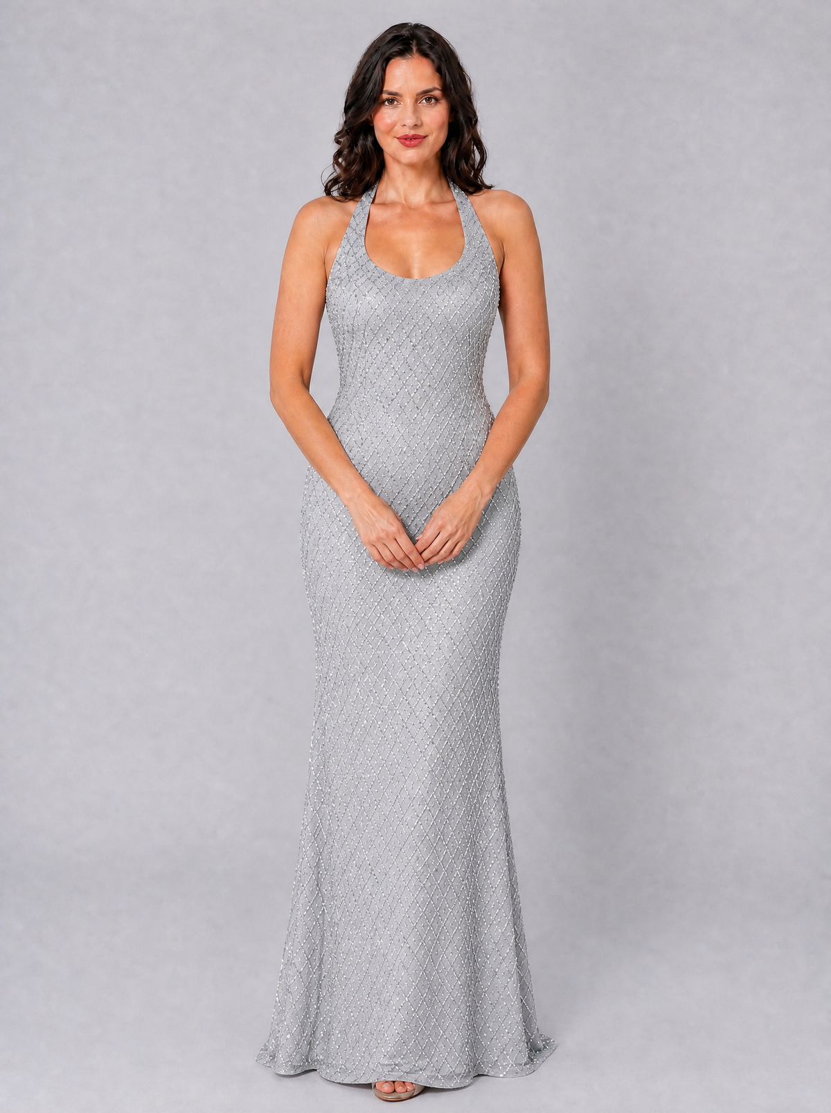 Women's Glitter Halter Scoop Neck Evening Maxi Dress