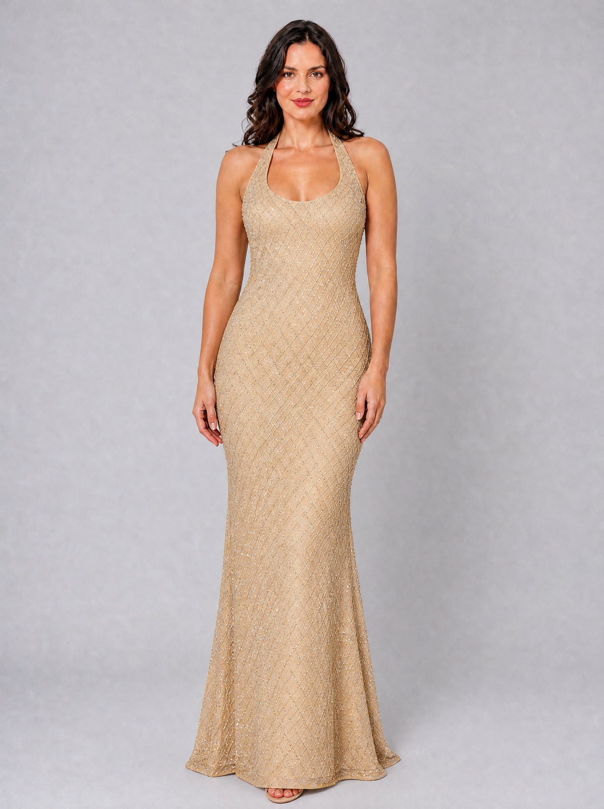Women's Glitter Halter Scoop Neck Evening Maxi Dress