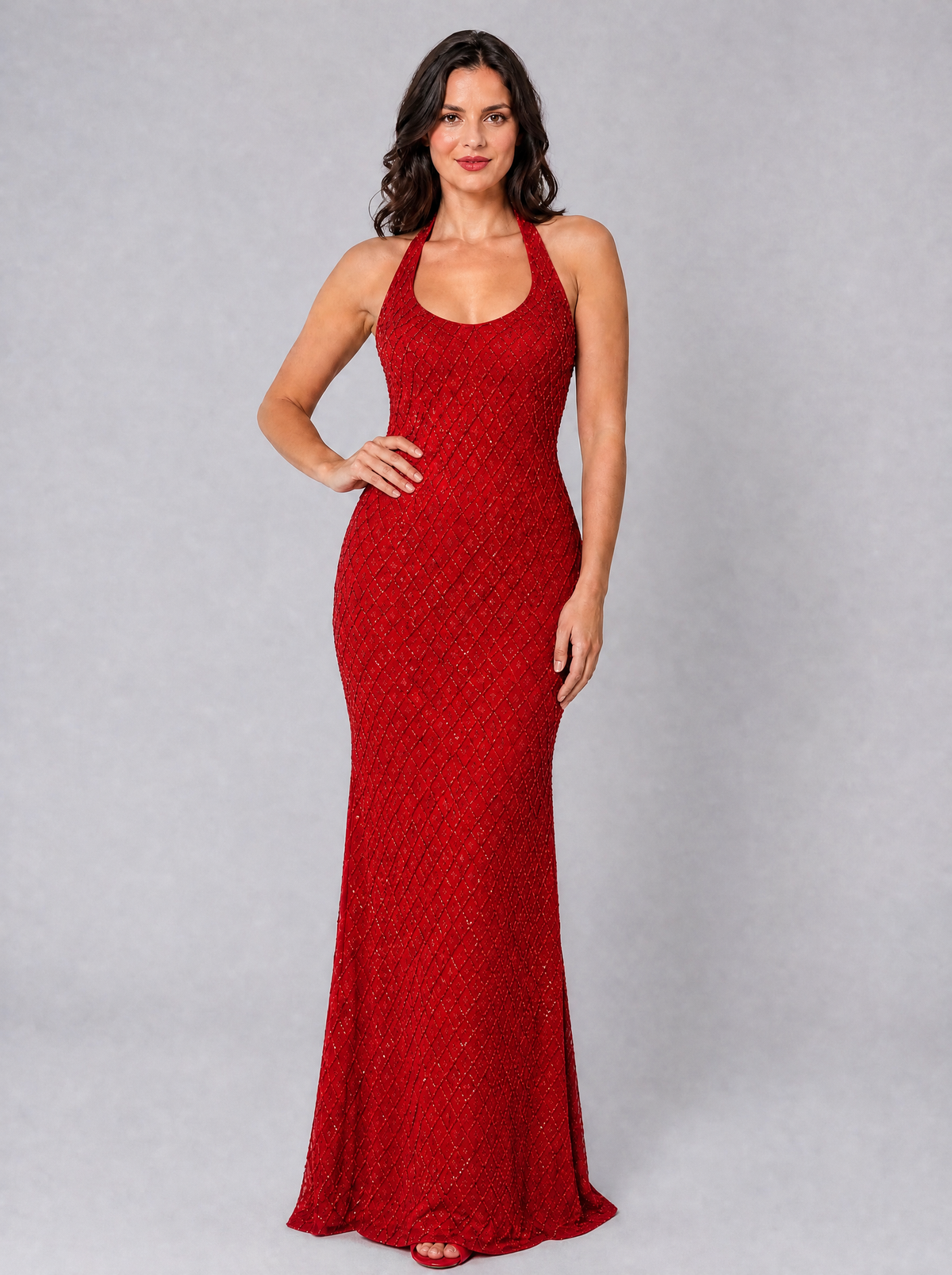 Women's Glitter Halter Scoop Neck Evening Maxi Dress