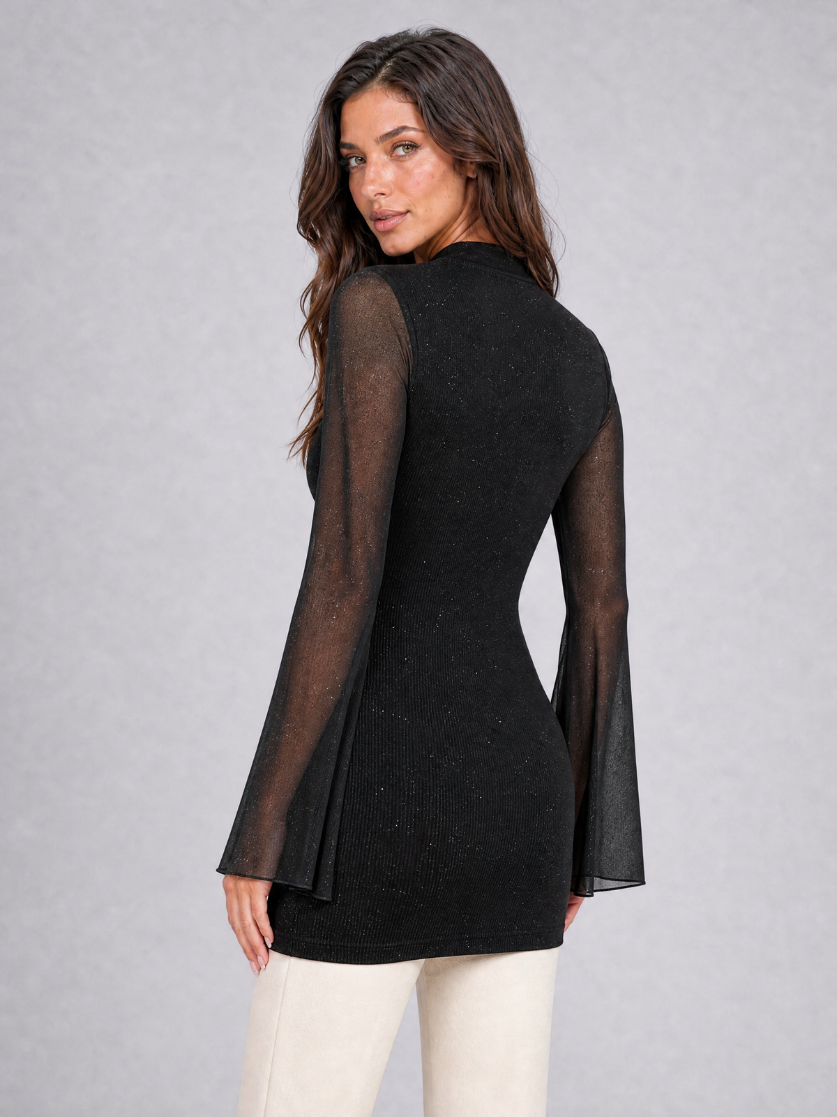 Women's Glitter Mesh Cut-Out Flared Sleeve Top