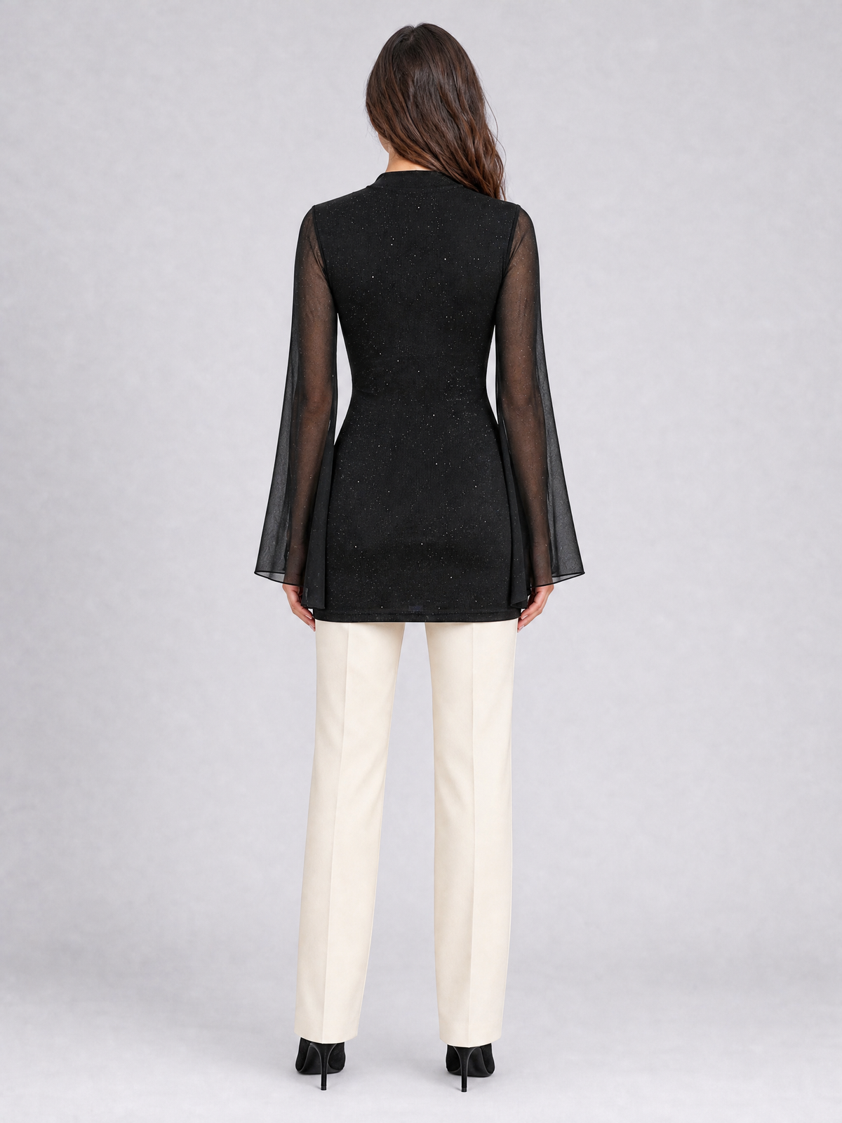 Women's Glitter Mesh Cut-Out Flared Sleeve Top