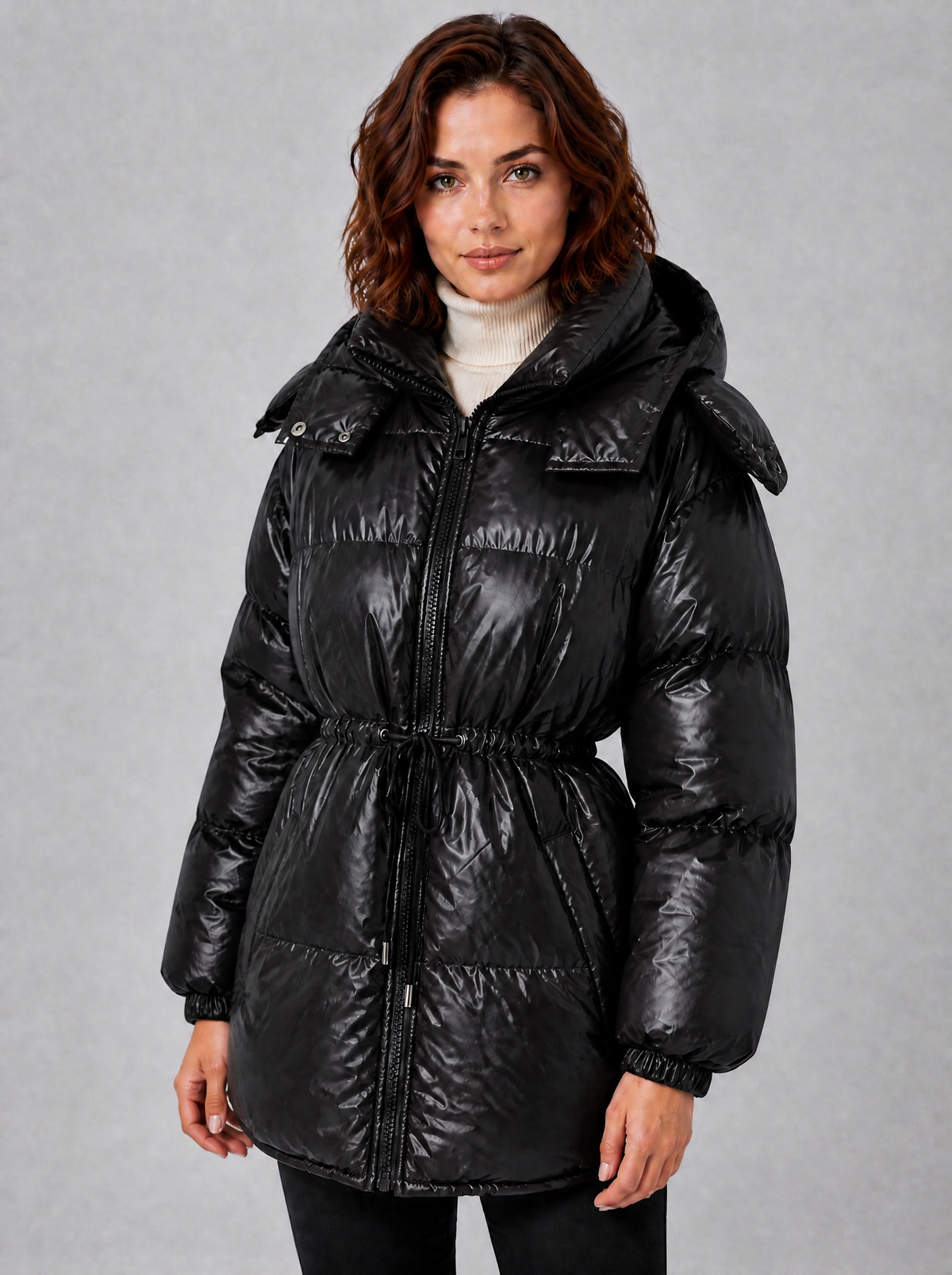 Women's Glossy Hooded Drawstring Puffer Jacket Relaxed Fit - Black colour view