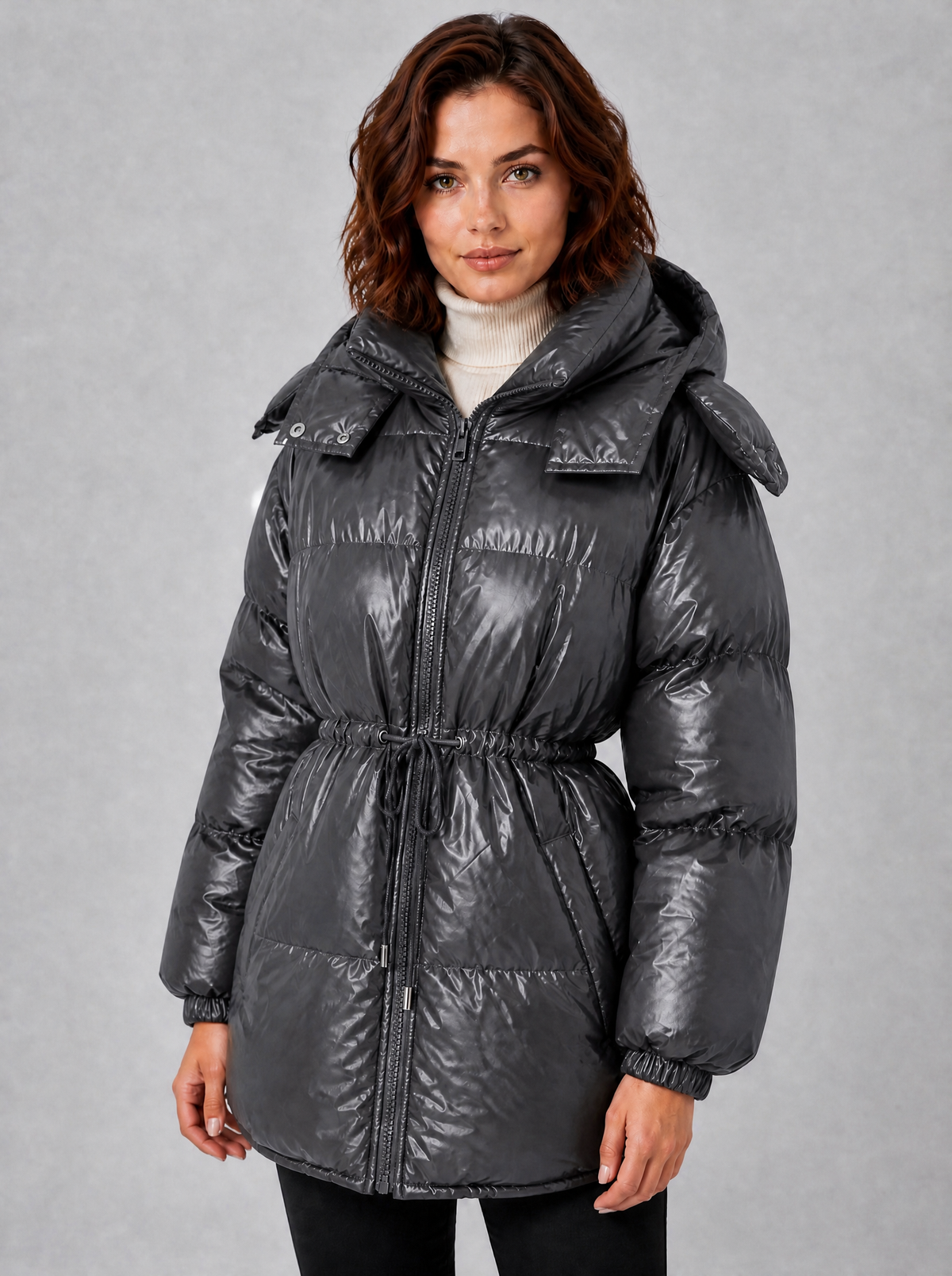 Women's Glossy Hooded Drawstring Puffer Jacket Relaxed Fit - Grey colour view