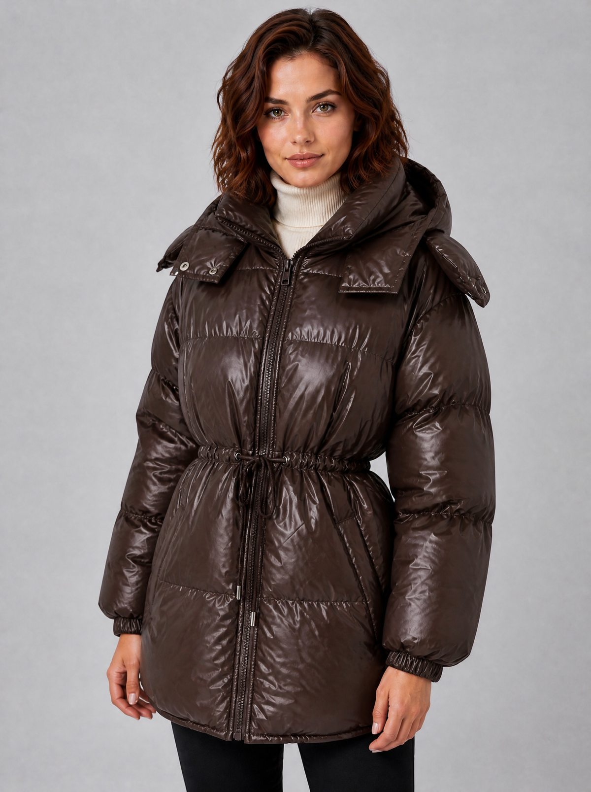 Women's Glossy Hooded Drawstring Puffer Jacket Relaxed Fit - Brown colour view