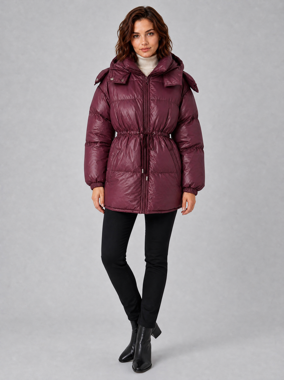 Women's Glossy Hooded Drawstring Puffer Jacket Relaxed Fit - product view 1
