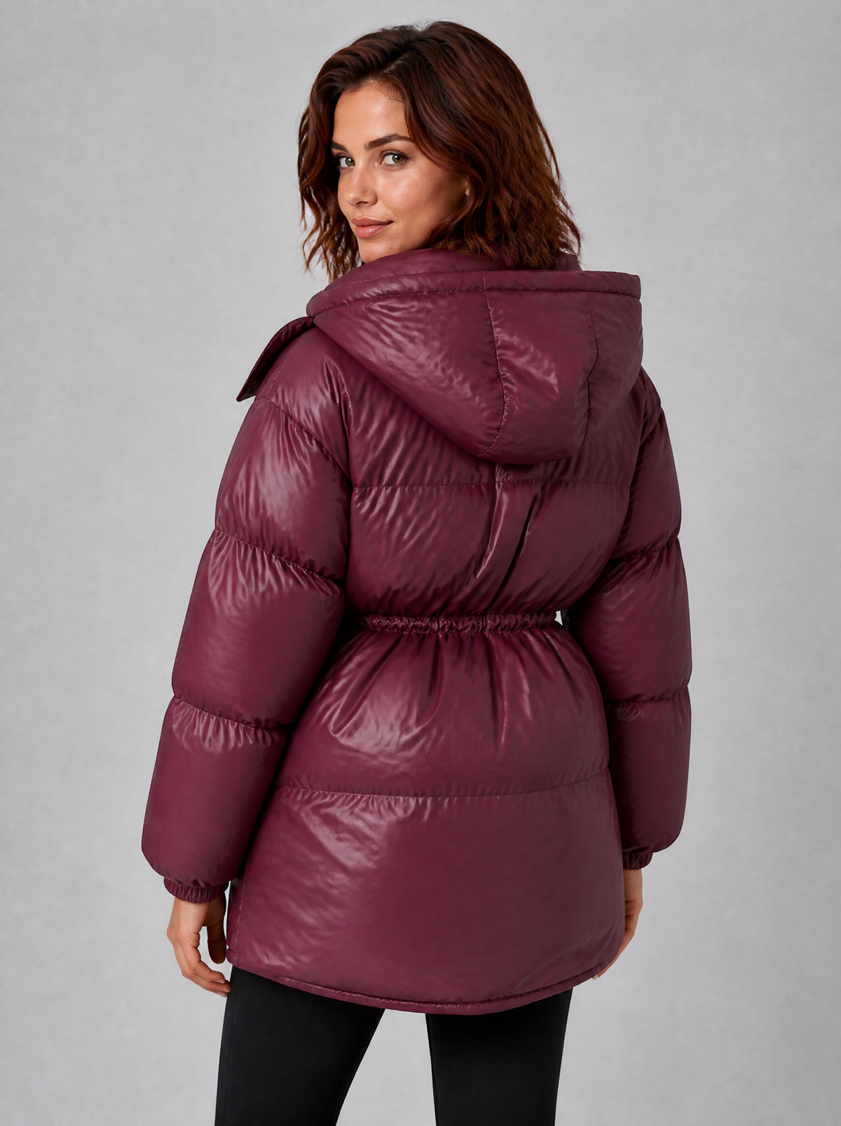Women's Glossy Hooded Drawstring Puffer Jacket Relaxed Fit - product view 4