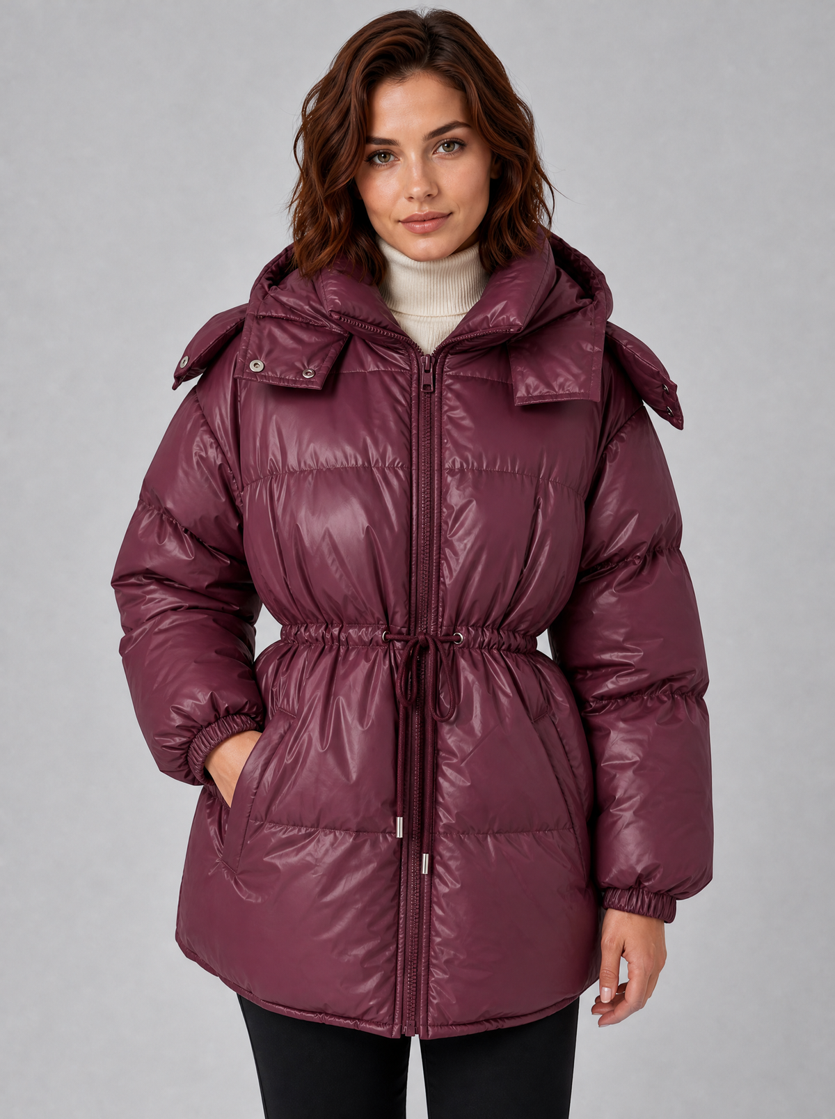 Women's Glossy Hooded Drawstring Puffer Jacket Relaxed Fit - Burgundy colour view