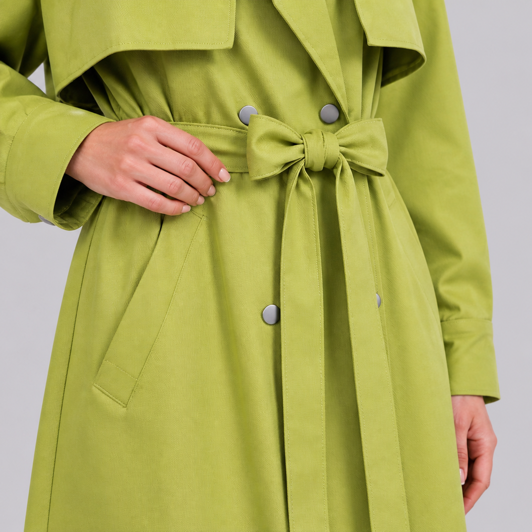 Women's Green Double Breasted Belted Trench Coat Relaxed Fit
