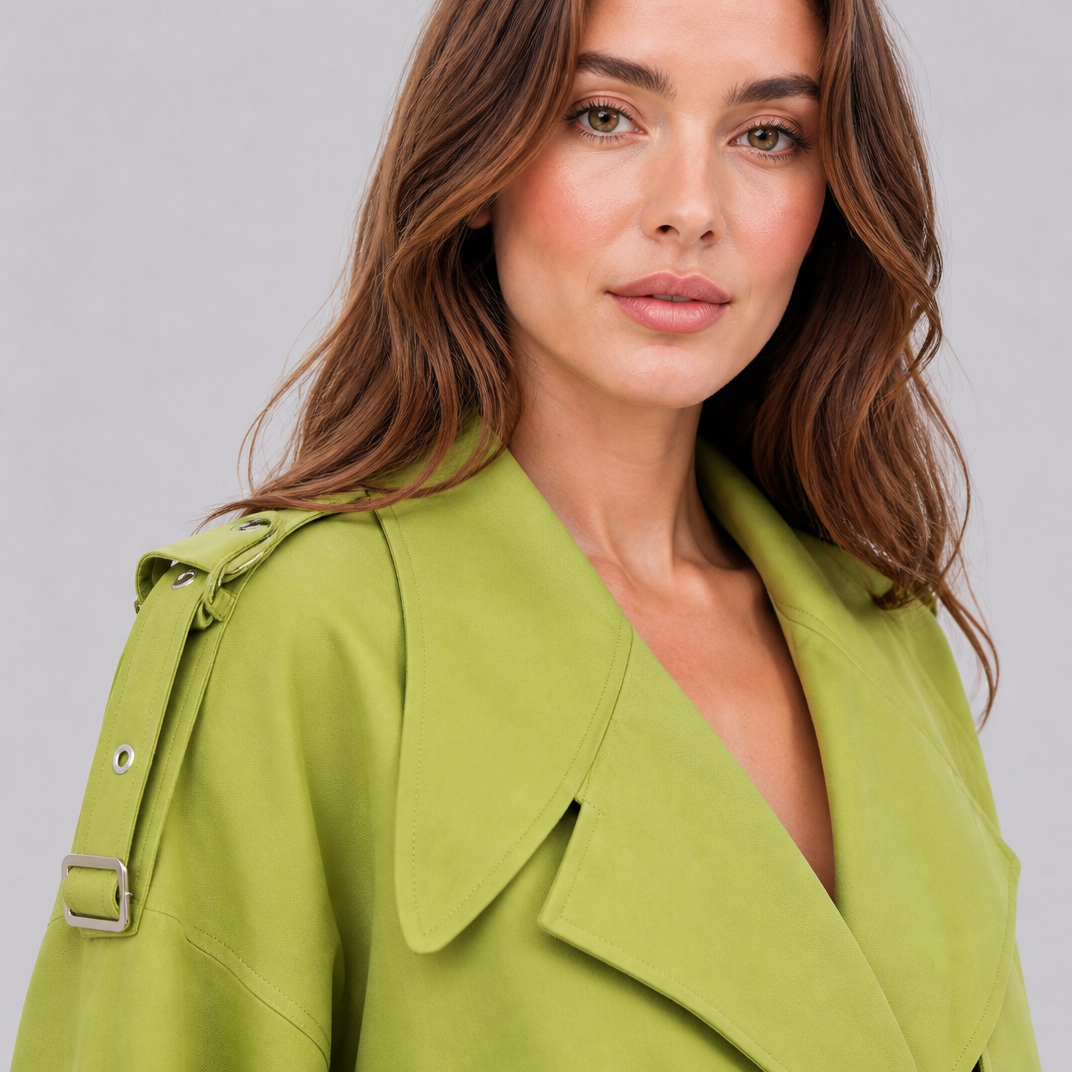 Women's Green Double Breasted Belted Trench Coat Relaxed Fit