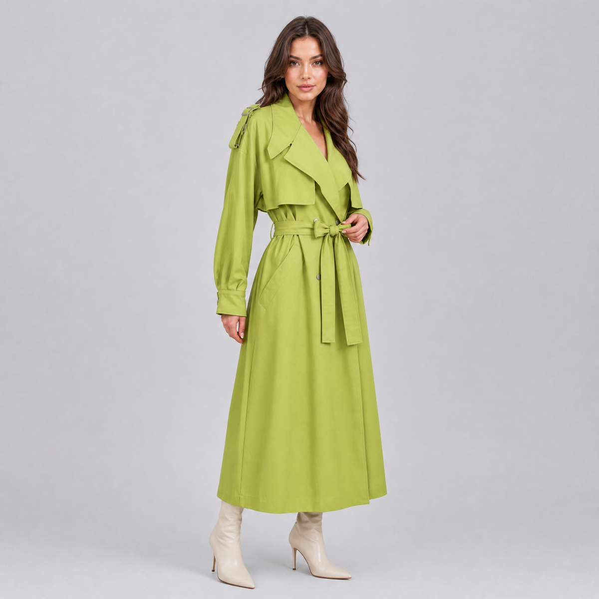 Women's Green Double Breasted Belted Trench Coat Relaxed Fit