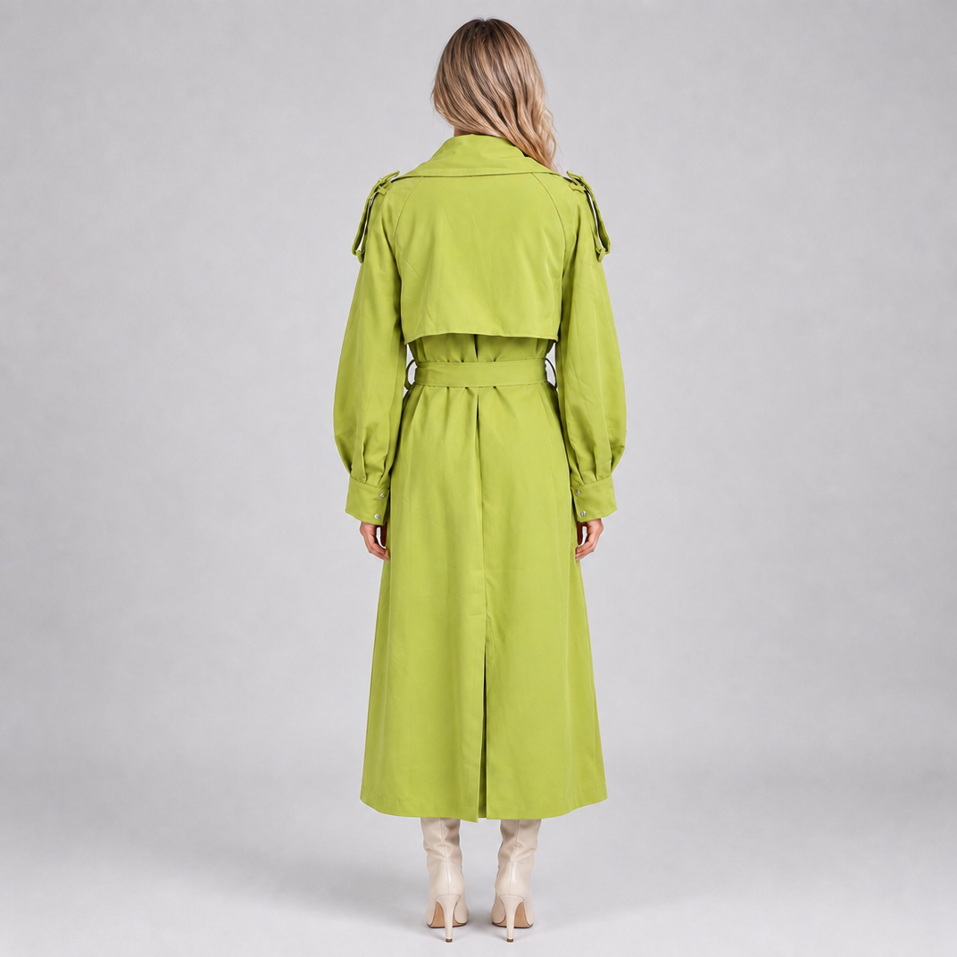 Women's Green Double Breasted Belted Trench Coat Relaxed Fit