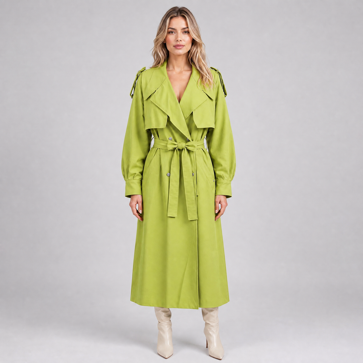 Women's Green Double Breasted Belted Trench Coat Relaxed Fit