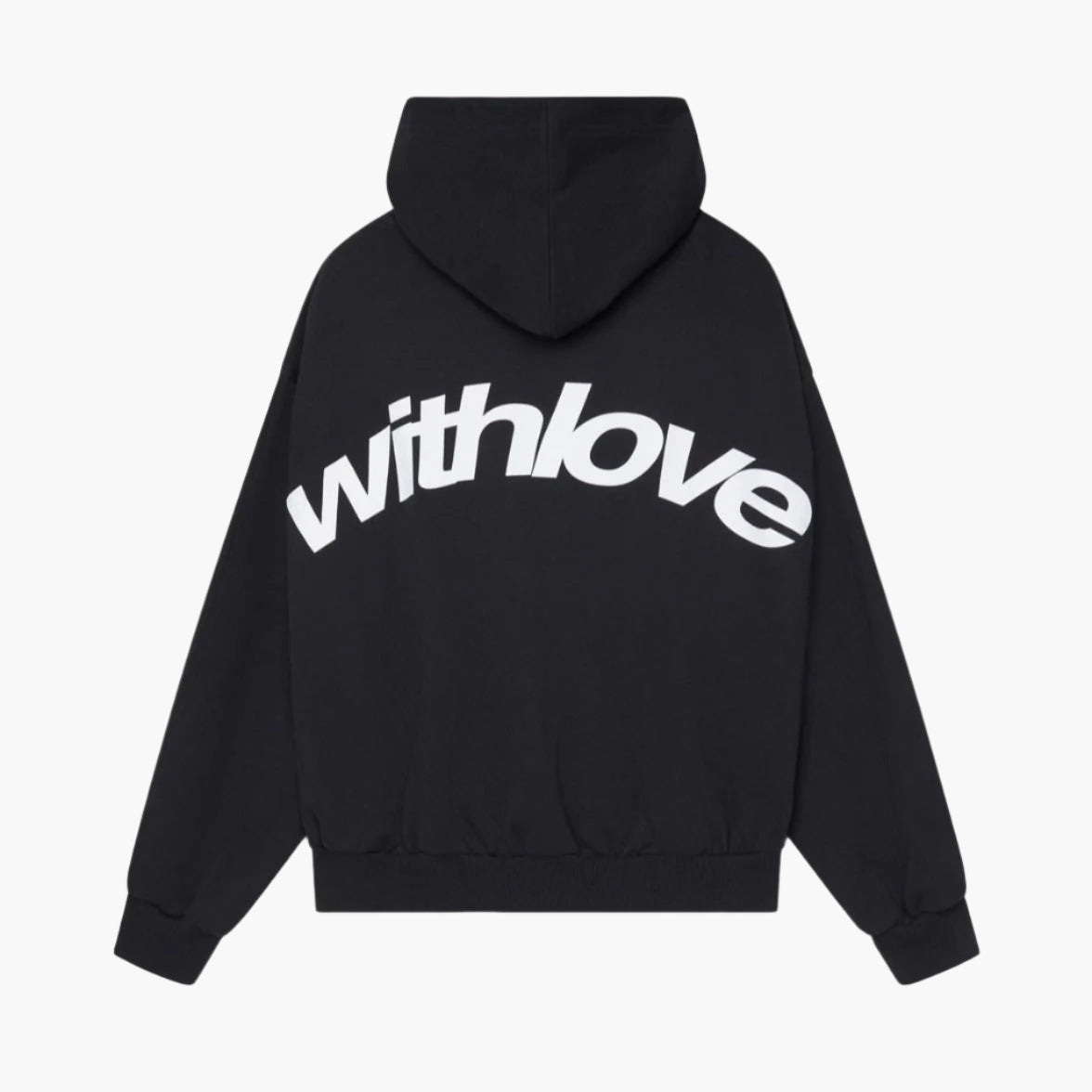 Unisex oversized hooded sweatshirt with large back text graphic and ribbed trims