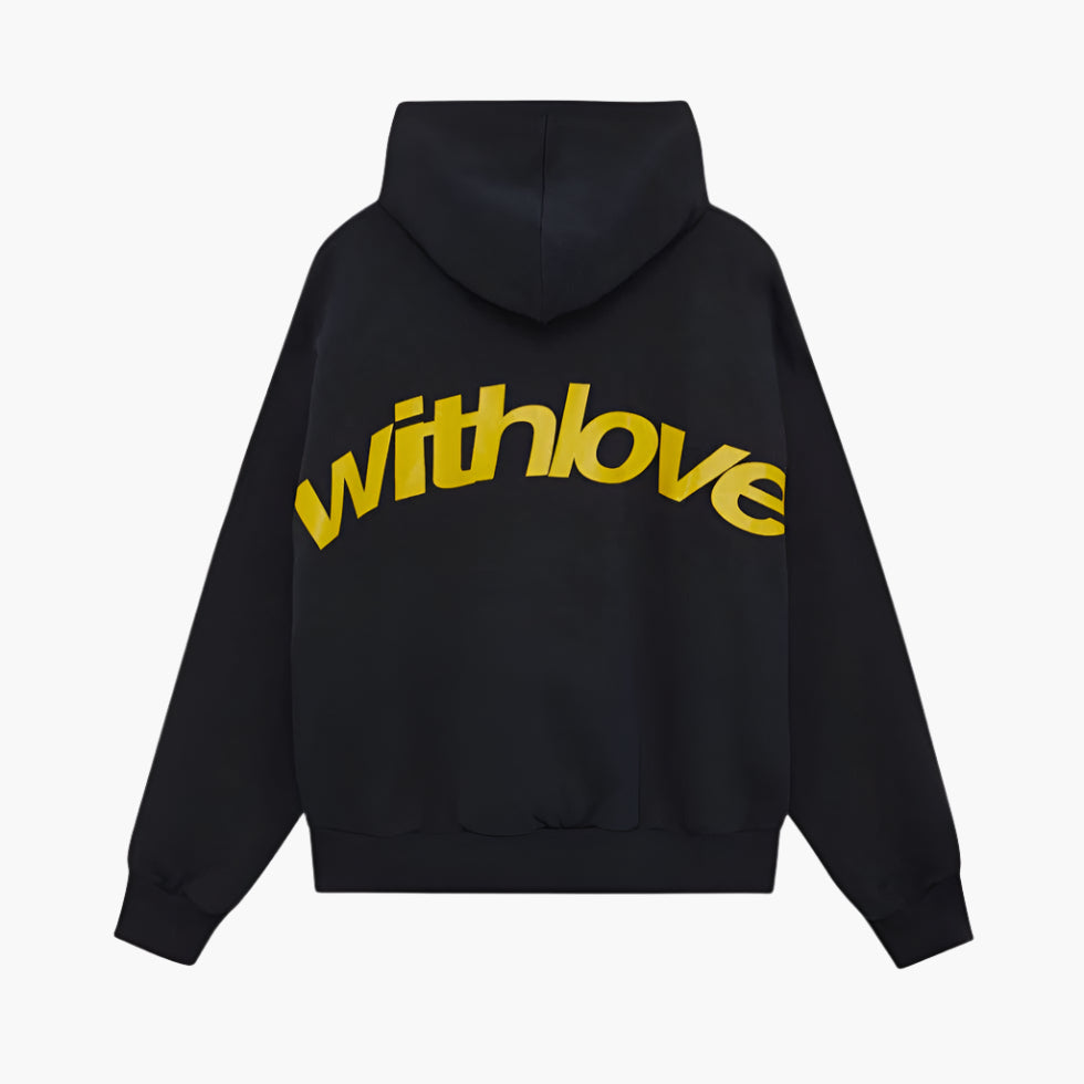 Unisex oversized hooded sweatshirt with large back text graphic and ribbed trims