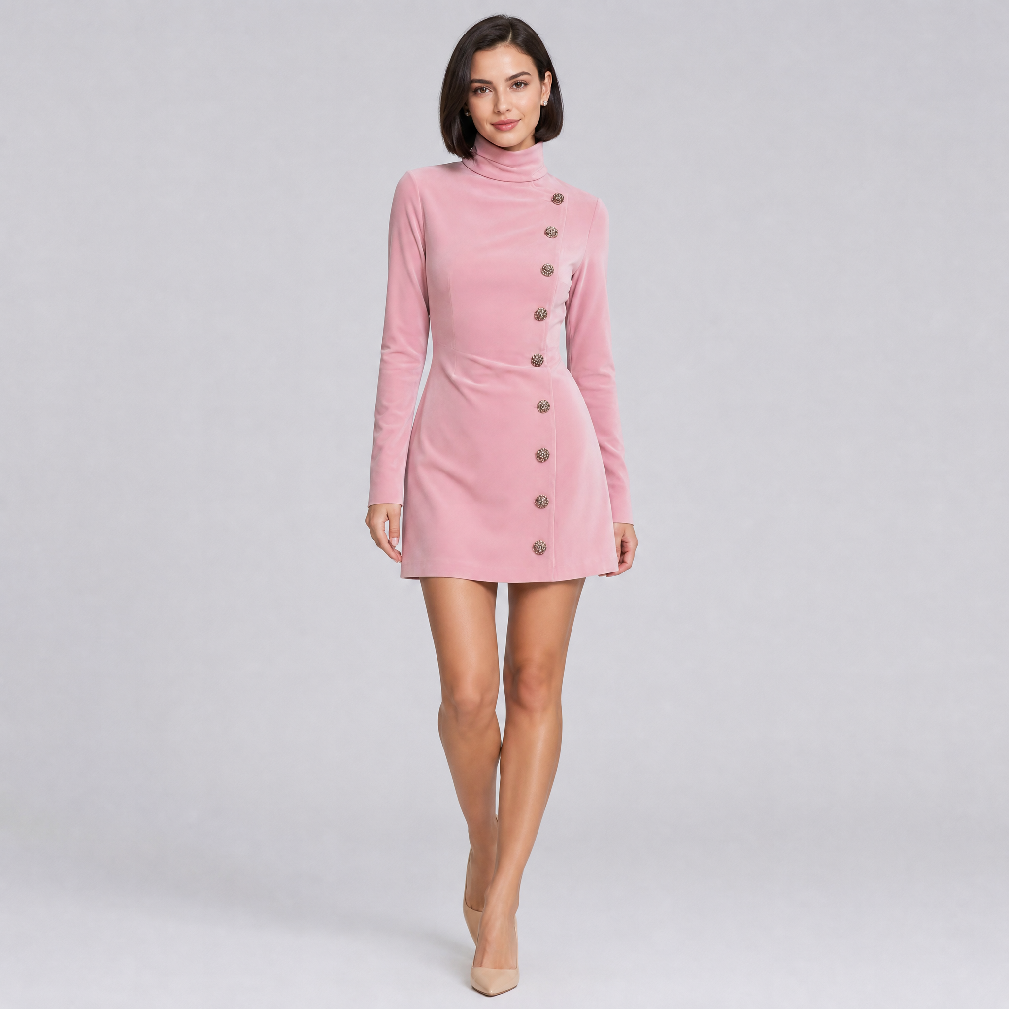 Women’s High-Neck Mini Dress with Asymmetrical Button Detail