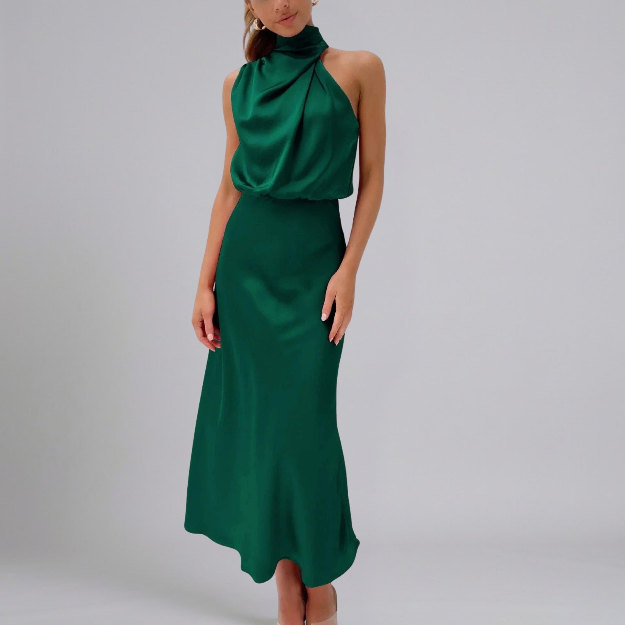 Women’s High-Neck Satin-Finish Prom Dress