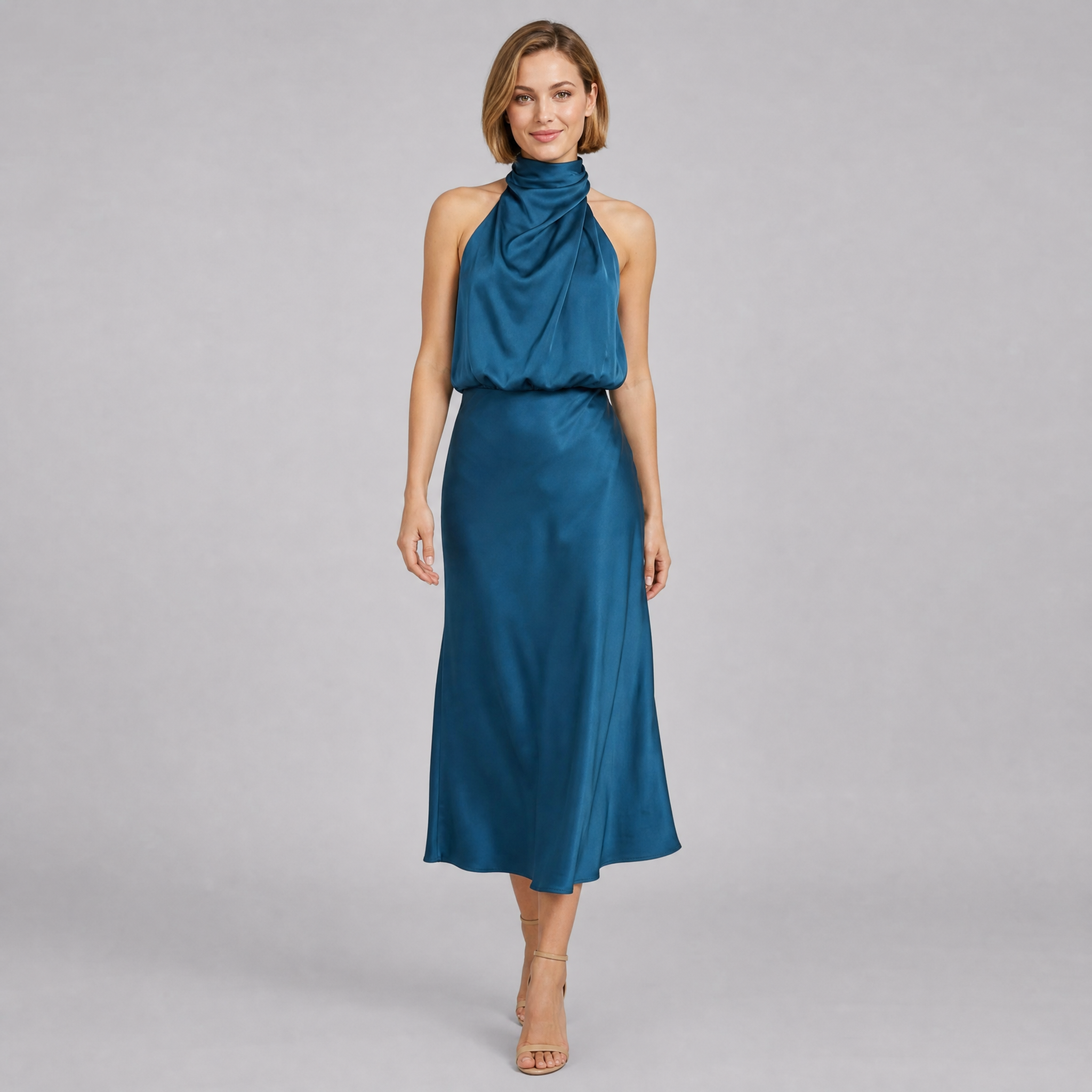 Women’s High-Neck Satin-Finish Prom Dress