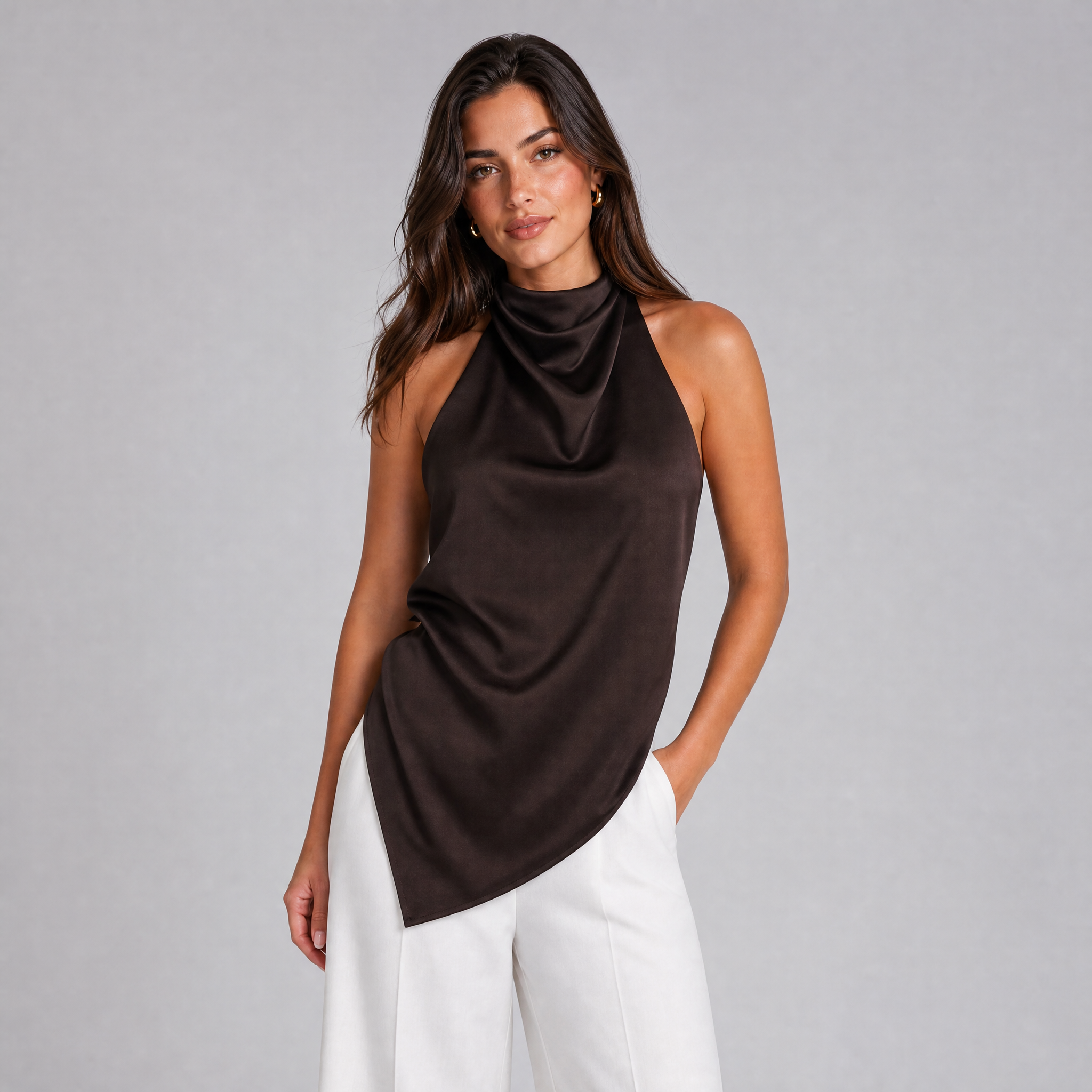 Women's High Neck Satin Halter Top – Asymmetric Drape Going Out Tops