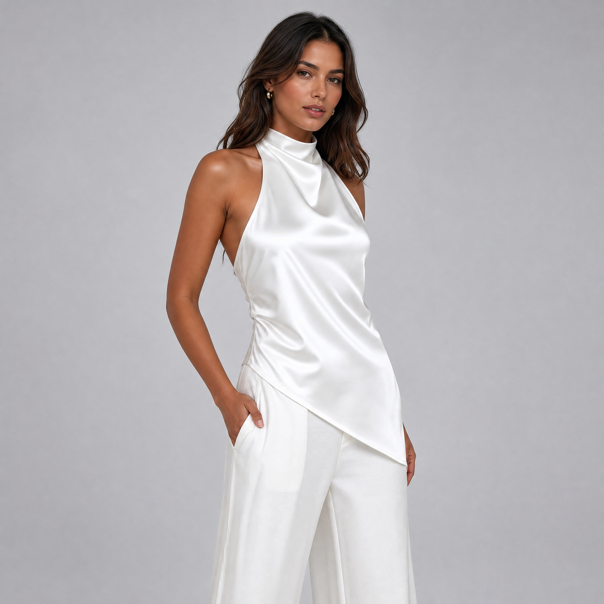 Women's High Neck Satin Halter Top – Asymmetric Drape Going Out Tops