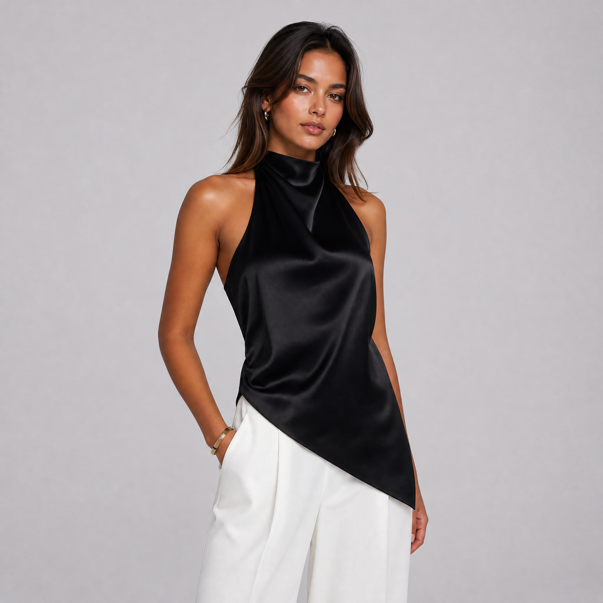 Women's High Neck Satin Halter Top – Asymmetric Drape Going Out Tops