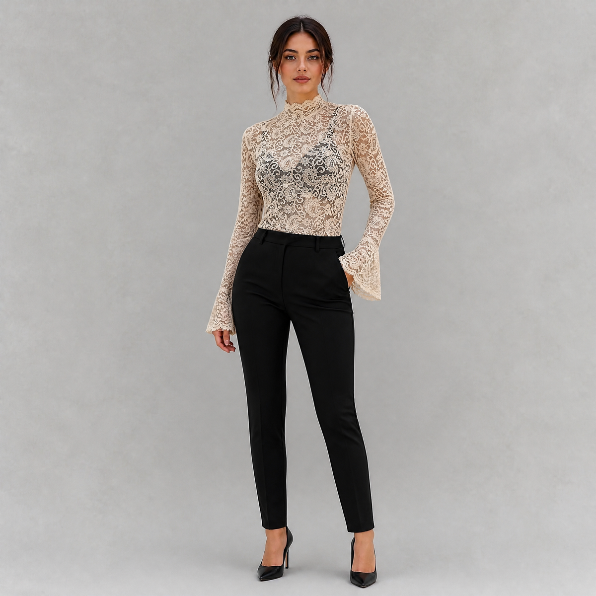 Women's High Neck Sheer Lace Top  – Flared Long Sleeve Going Out Tops