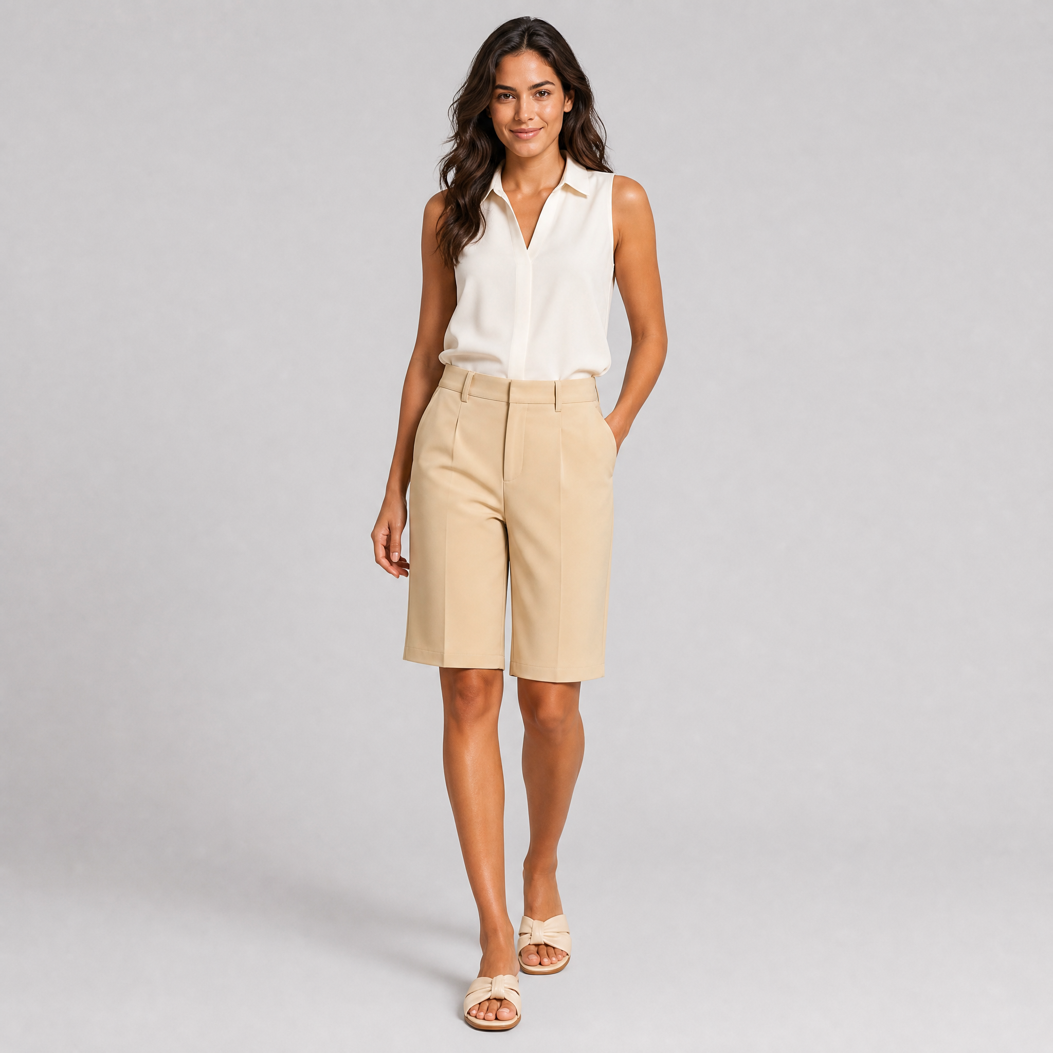 Women's High-Waisted Beige Bermuda Shorts – Tailored Shorts Women