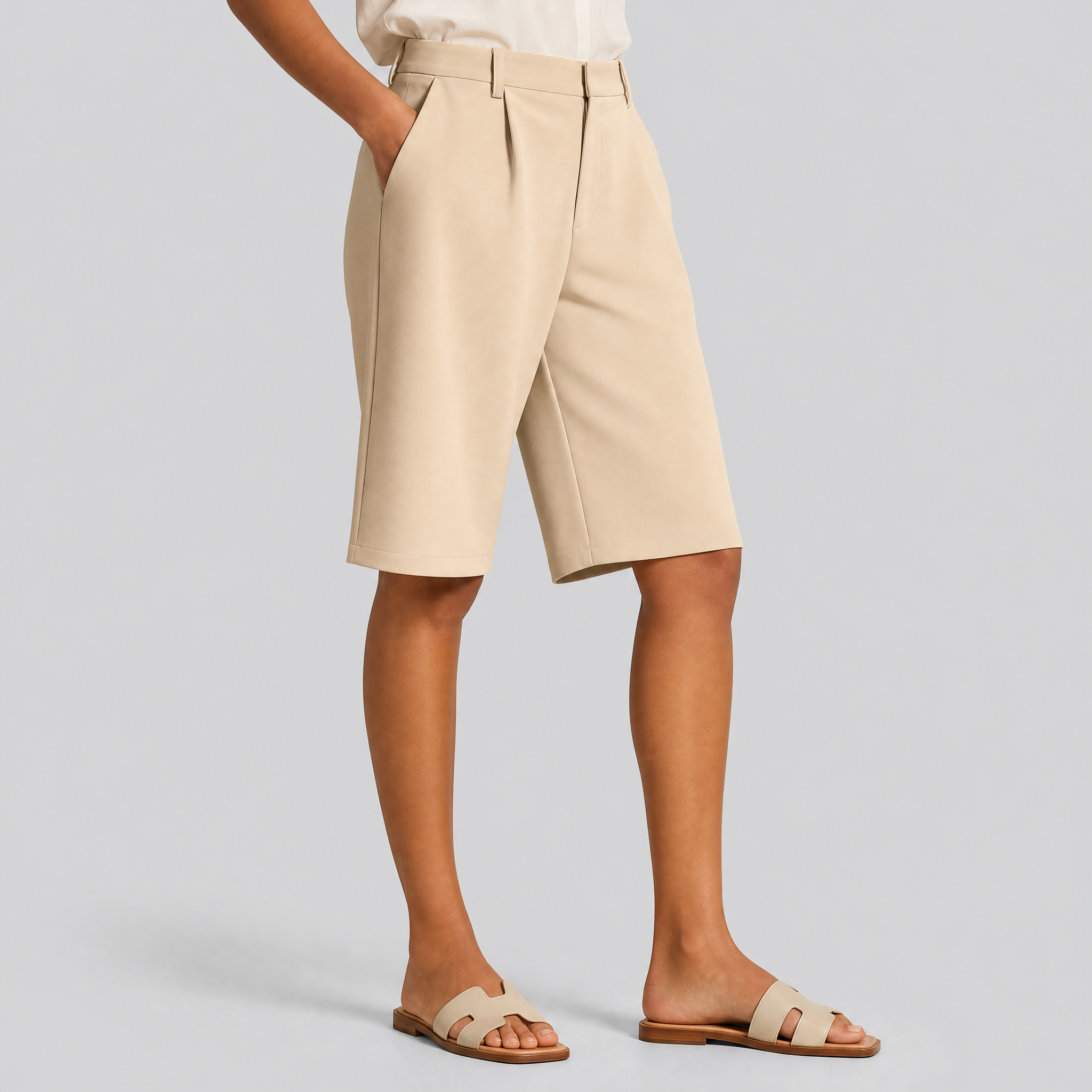 Women's High-Waisted Beige Bermuda Shorts – Tailored Shorts Women