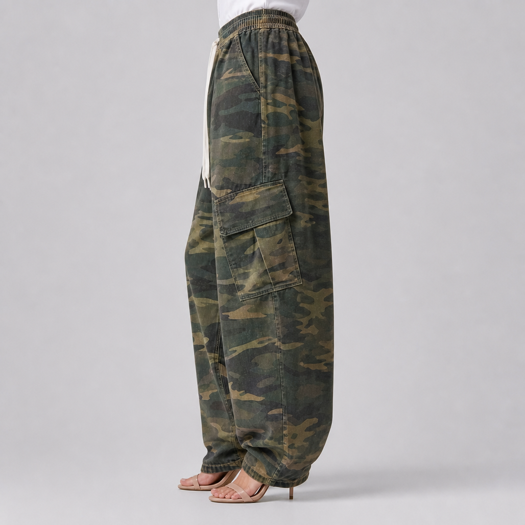 Women's High-Waisted Camo Wide-Leg Cargo Trousers