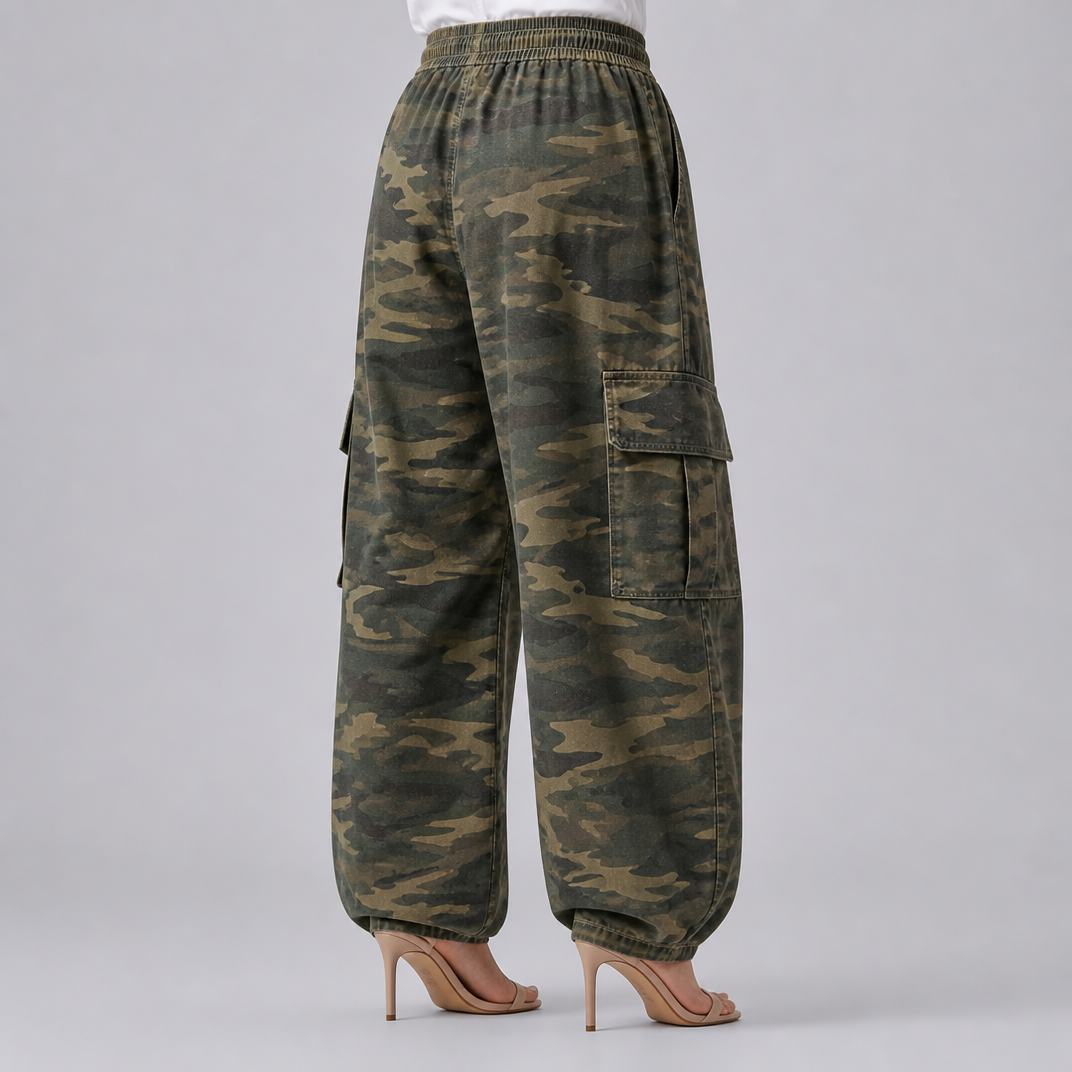 Women's High-Waisted Camo Wide-Leg Cargo Trousers