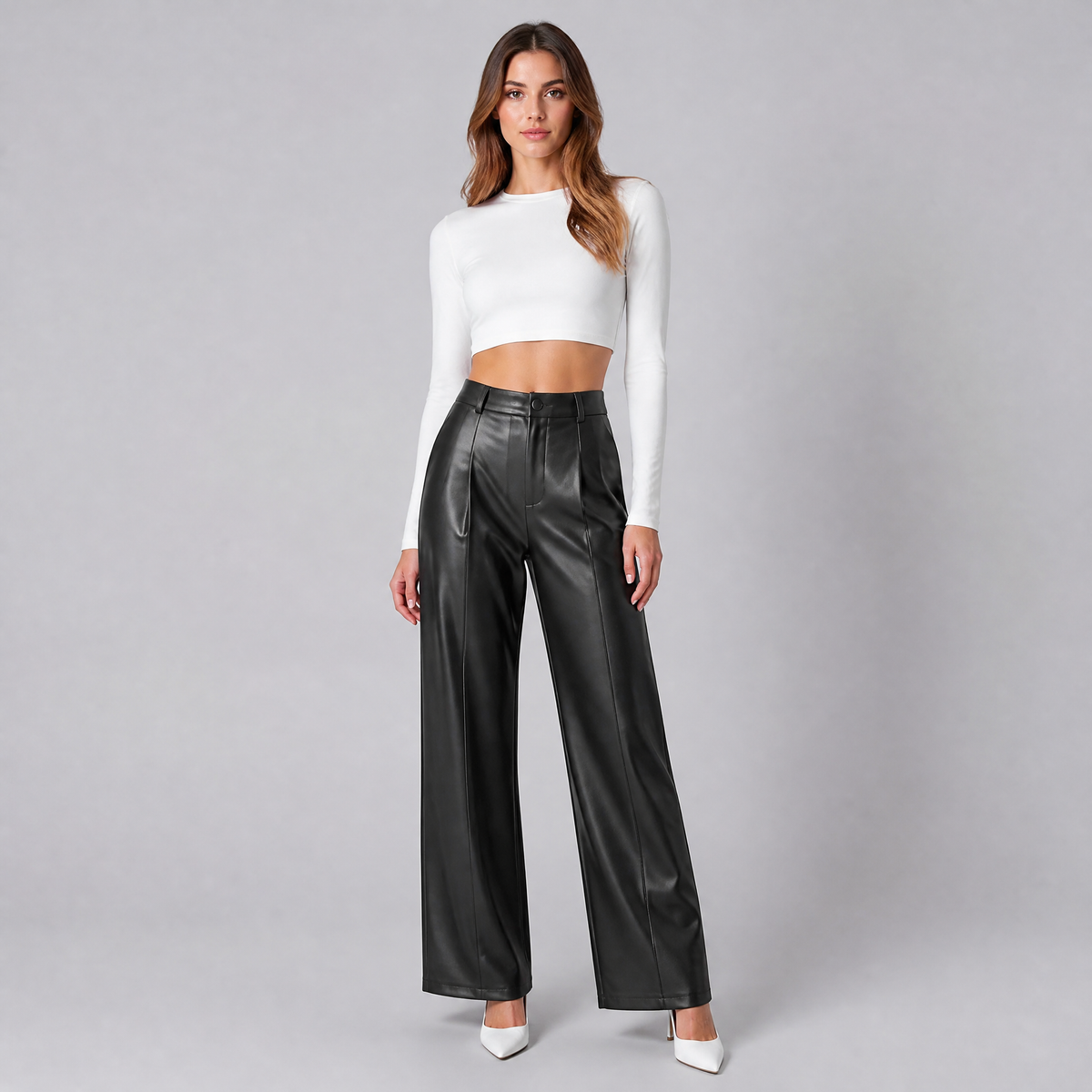 Women's High-Waisted Leather Wide-Leg Trousers Black