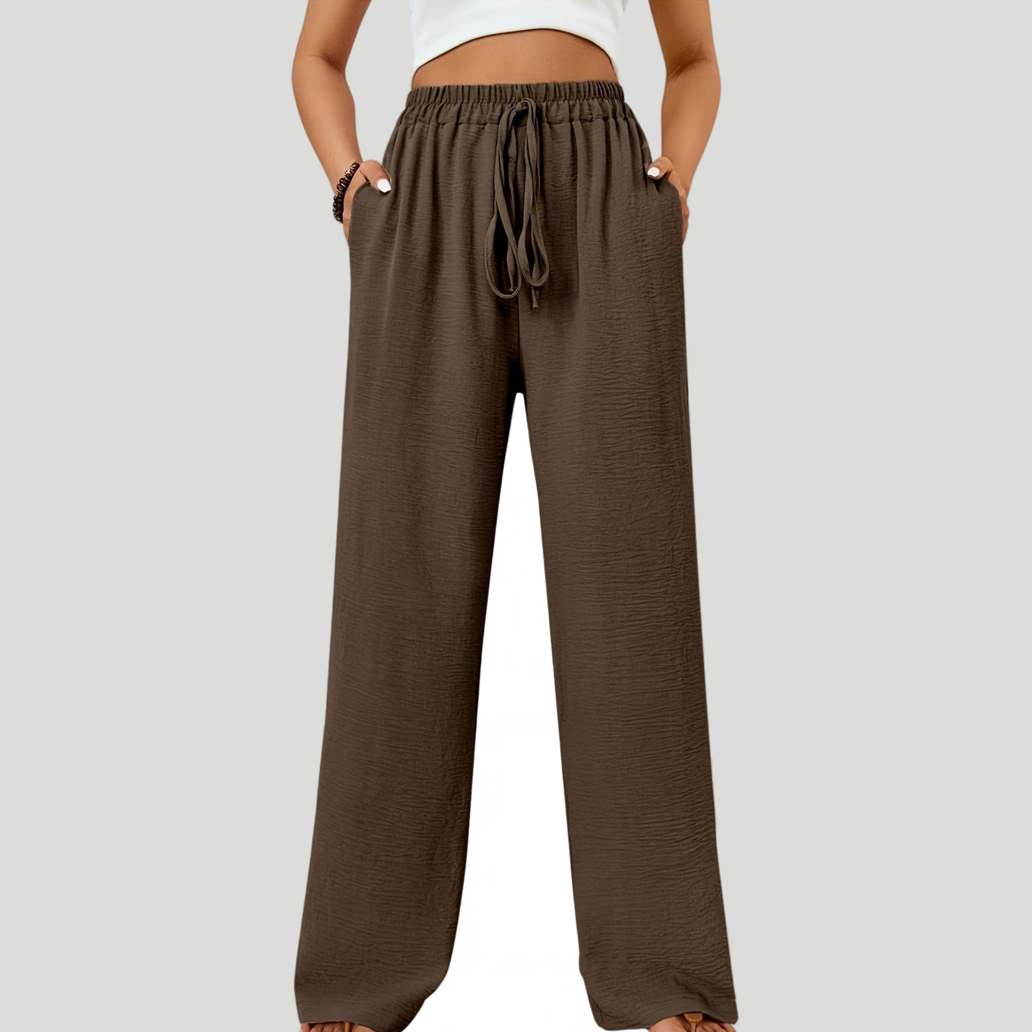 Women’s High-Waisted Wide-Leg Linen Trousers with Drawstring