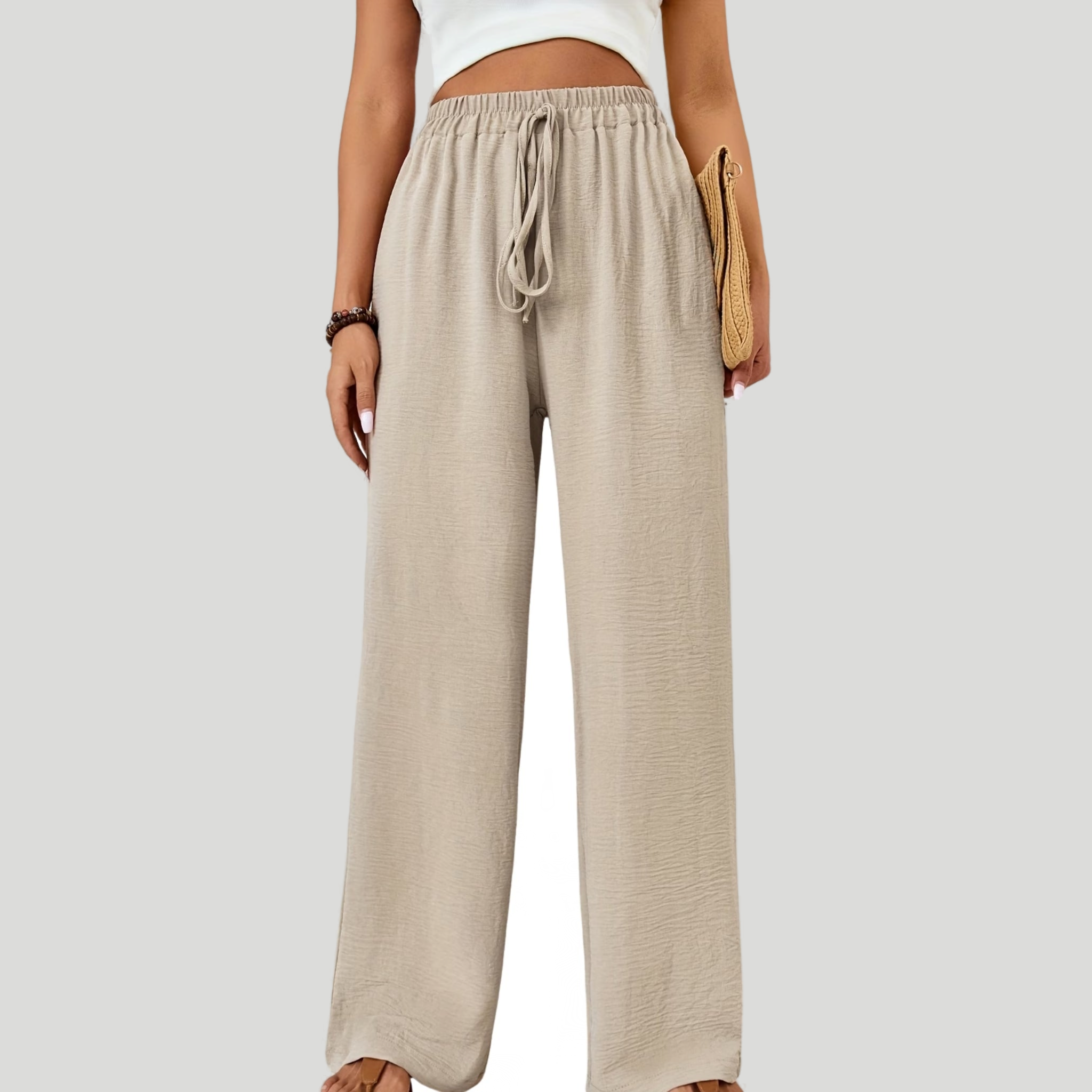 Women’s High-Waisted Wide-Leg Linen Trousers with Drawstring