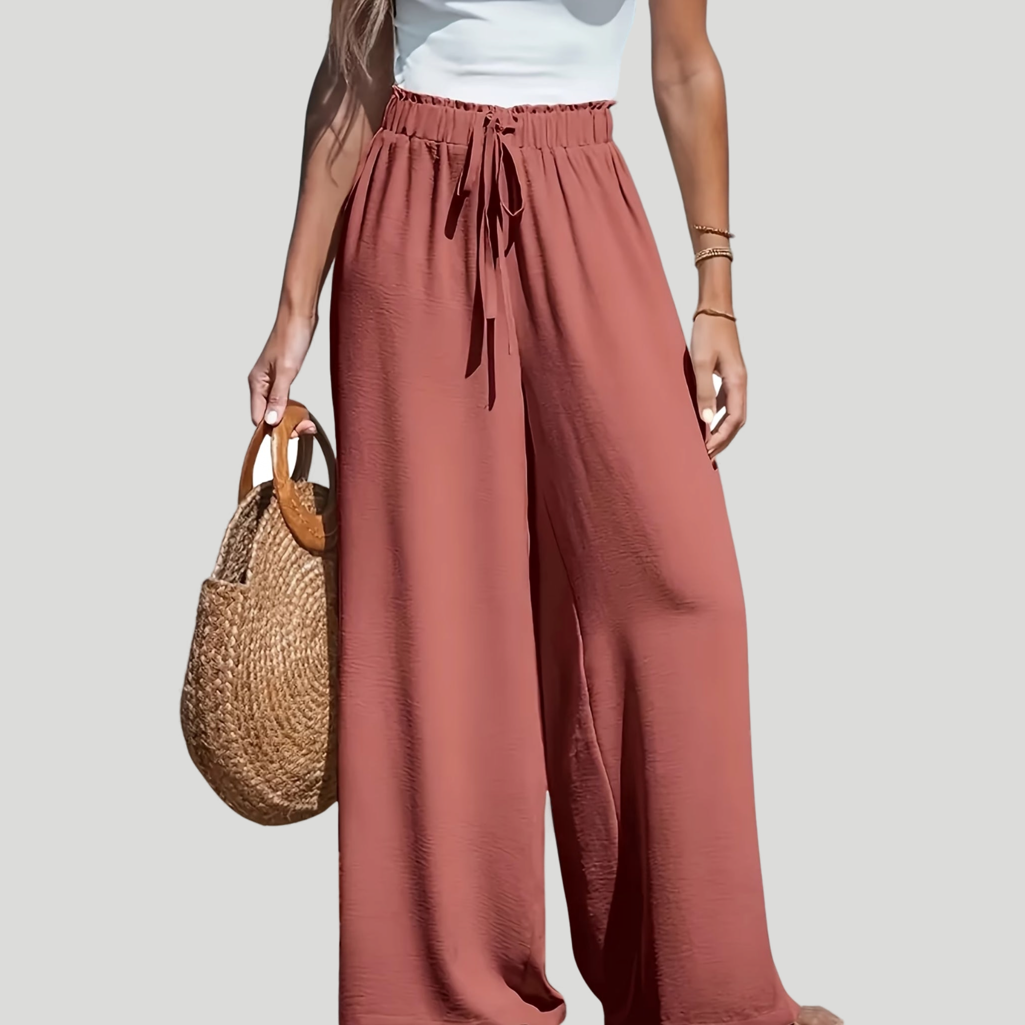 Women’s High-Waisted Wide-Leg Linen Trousers with Drawstring