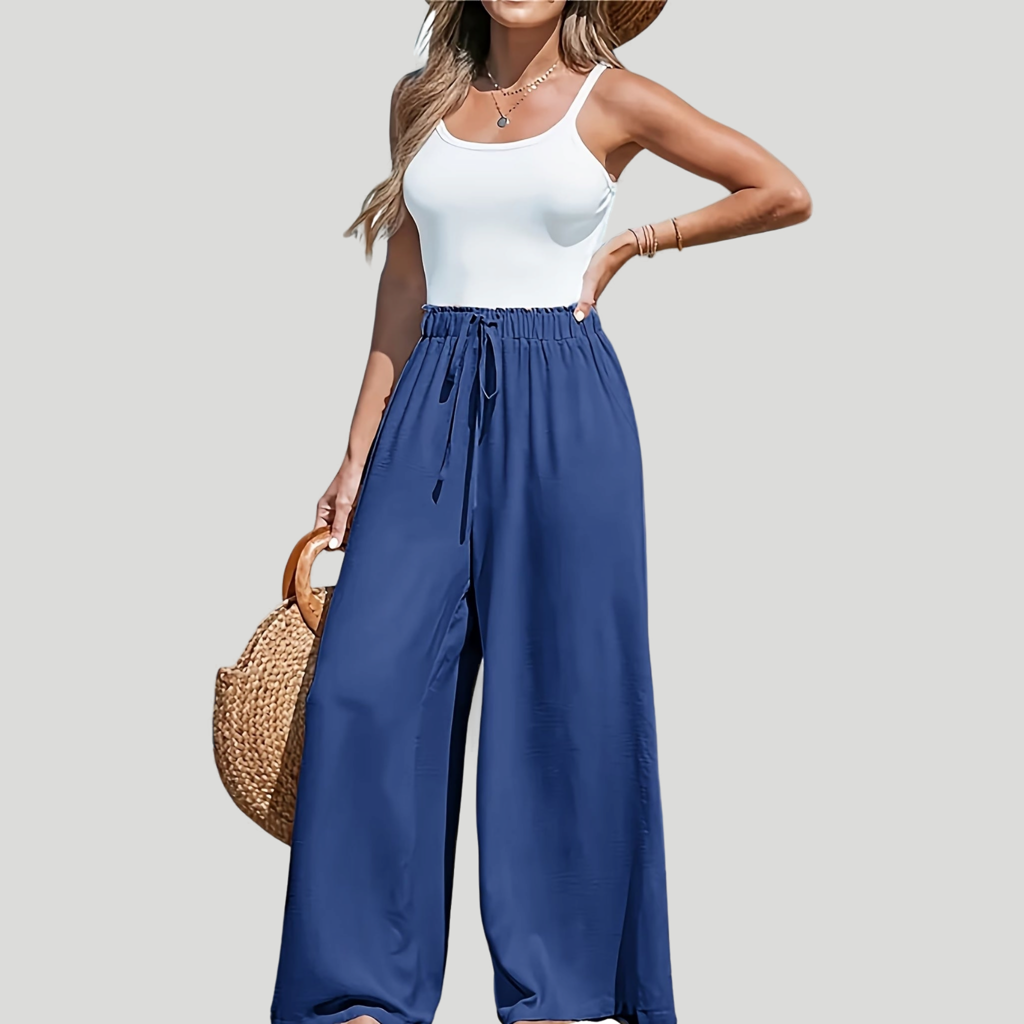 Women’s High-Waisted Wide-Leg Linen Trousers with Drawstring