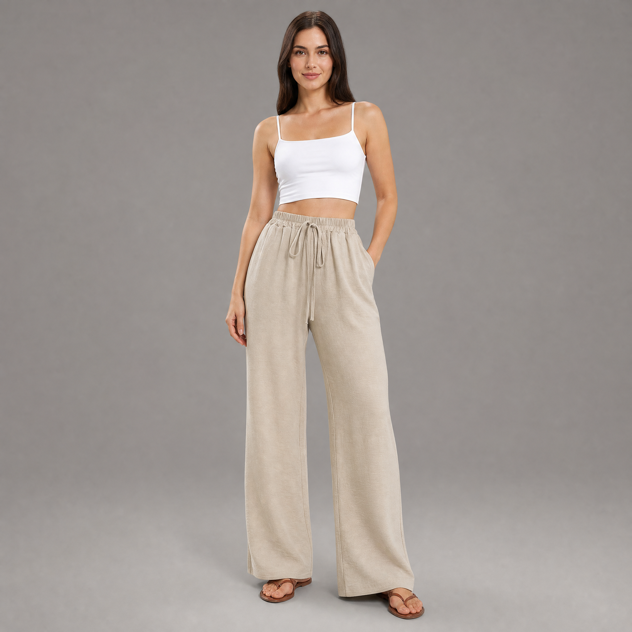 Women’s High-Waisted Wide-Leg Linen Trousers with Drawstring
