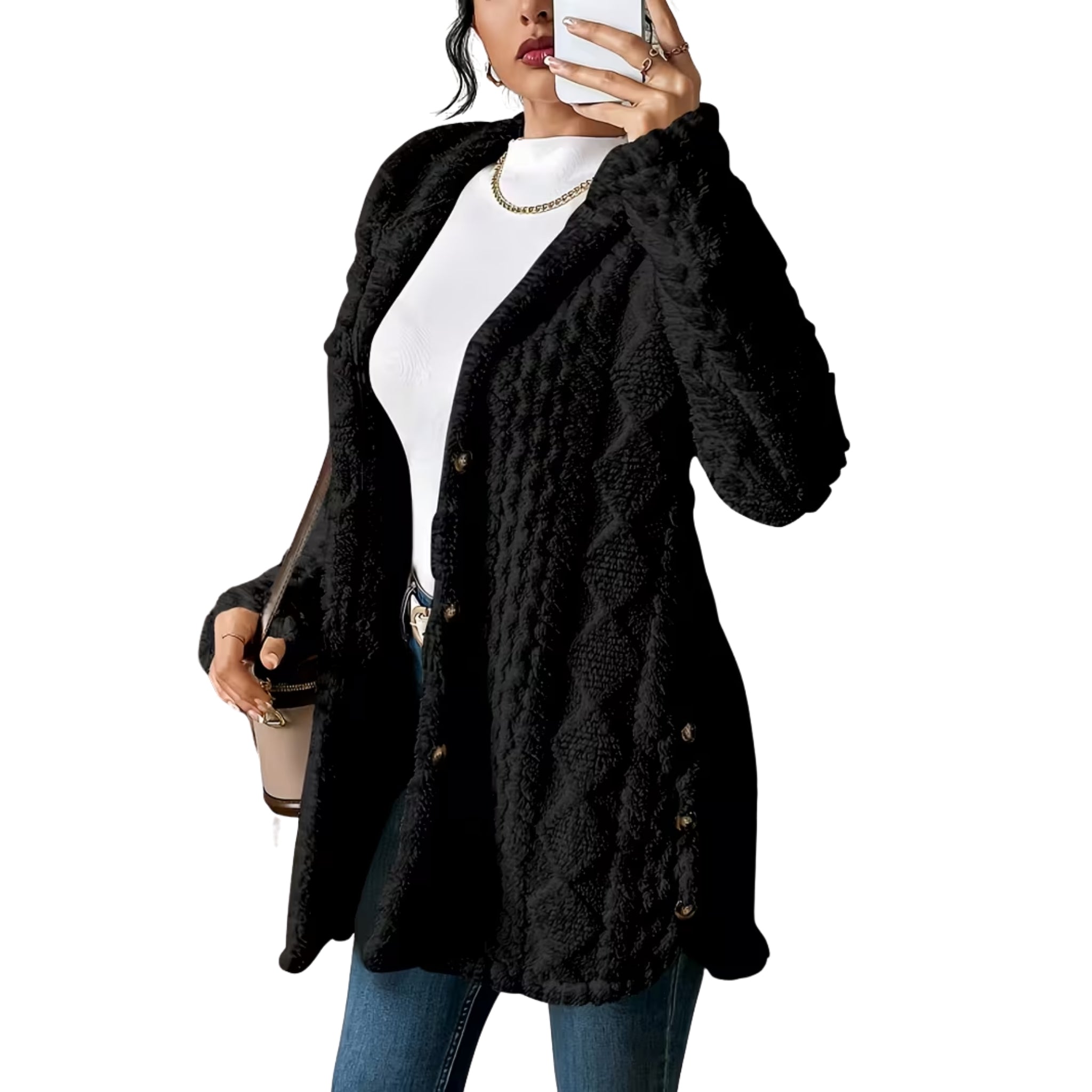 Women’s Hooded Button-Textured Cardigan