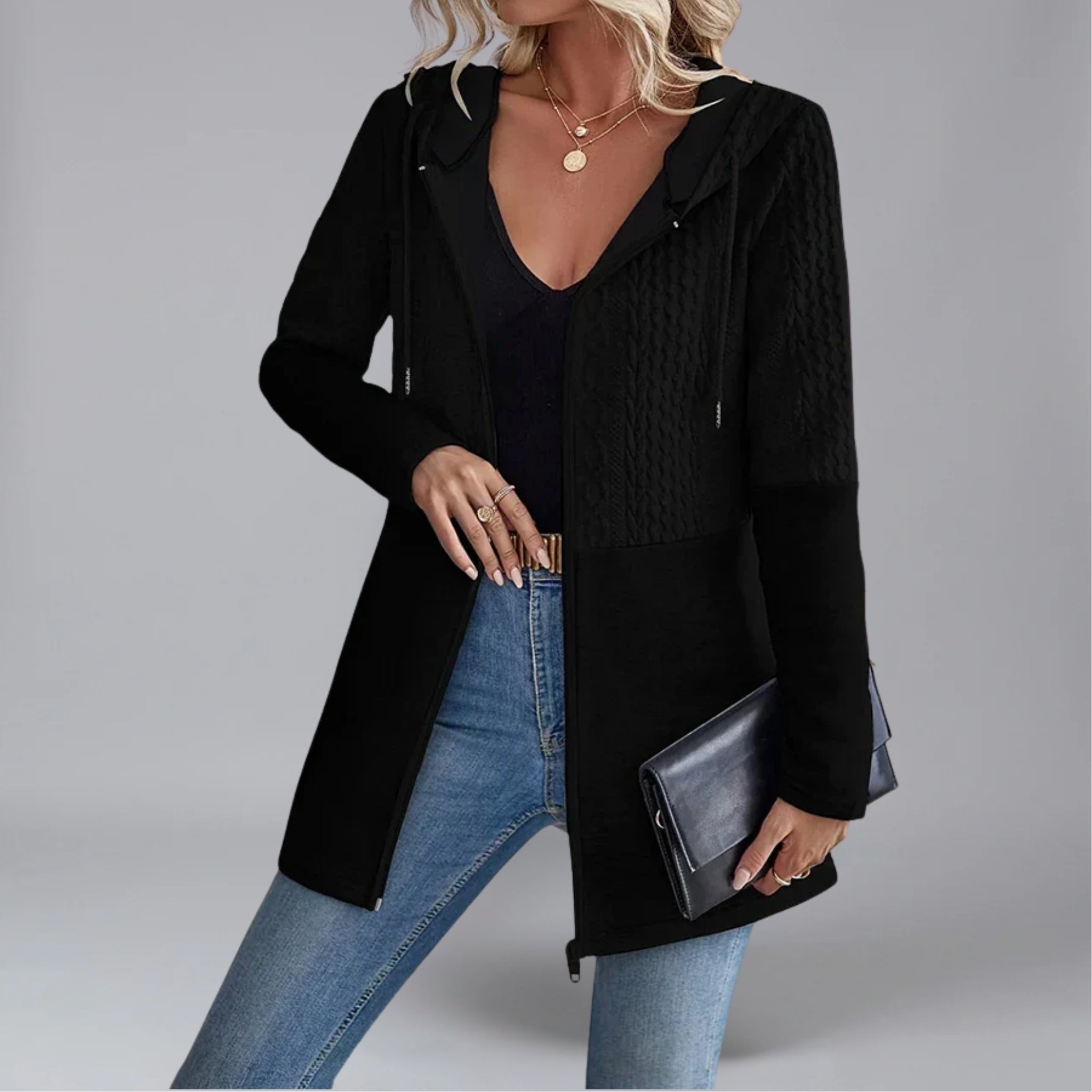 Women’s Hooded Mixed-Texture Zip Cardigan