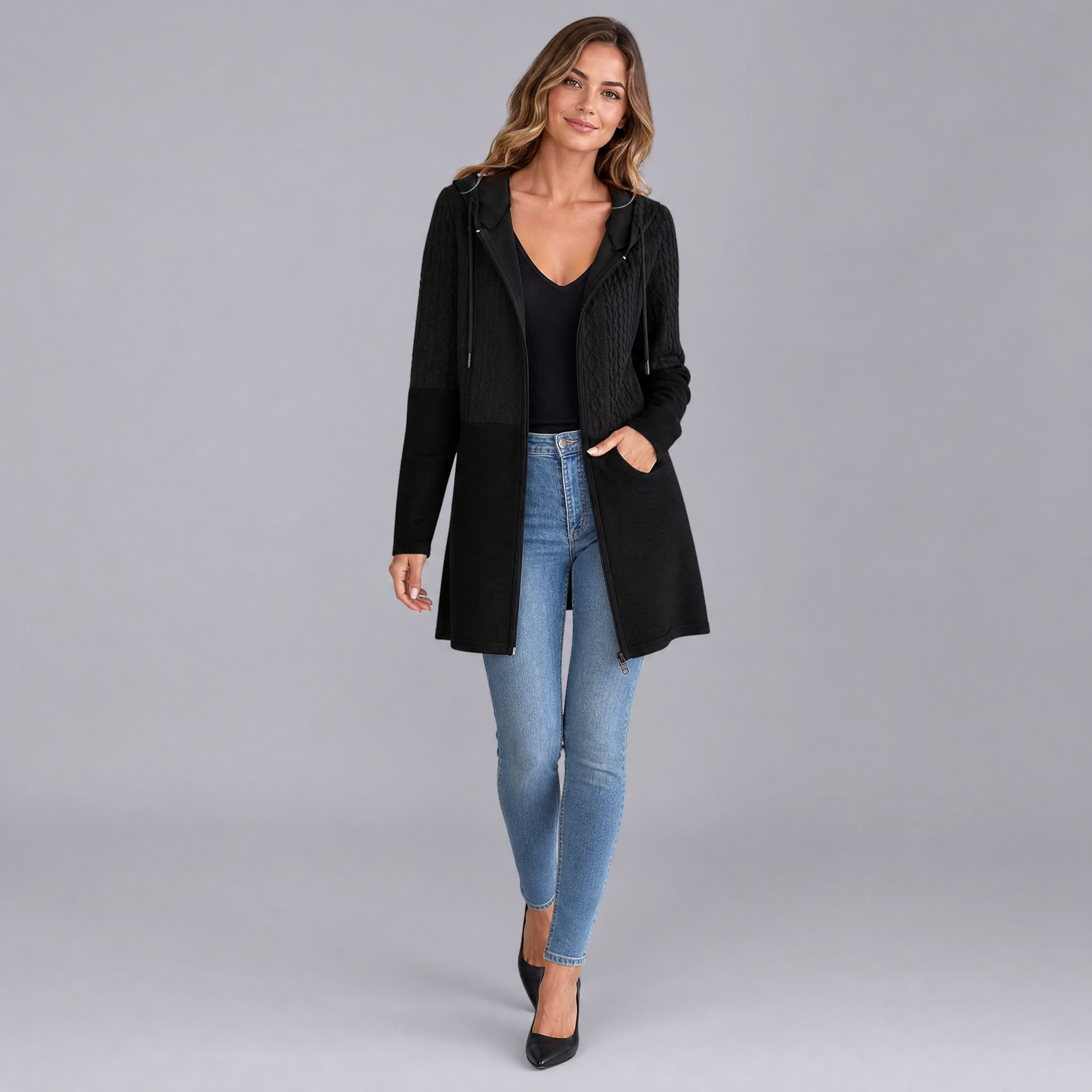 Women’s Hooded Mixed-Texture Zip Cardigan