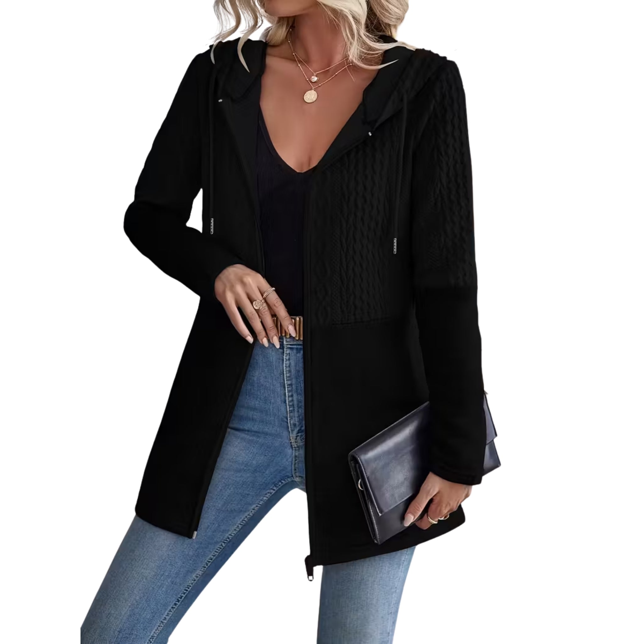 Women’s Hooded Mixed-Texture Zip Cardigan