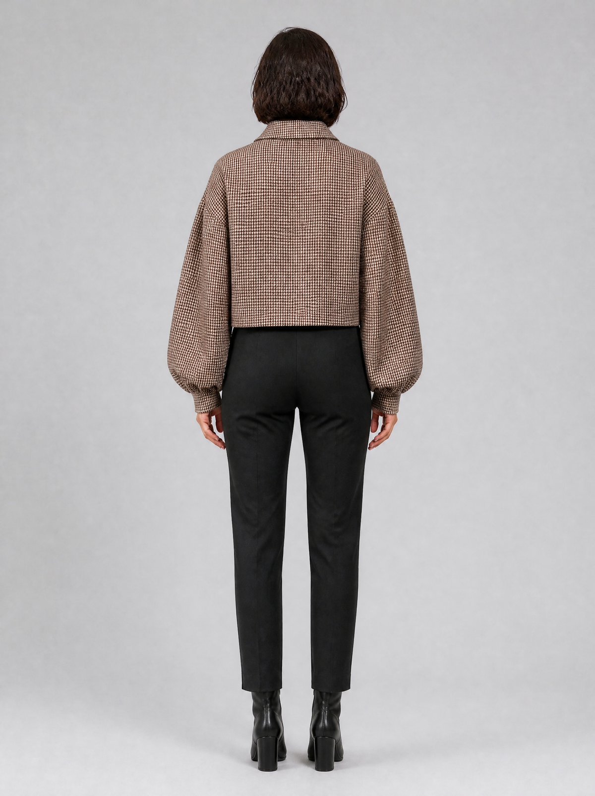Women's Houndstooth Wool Blend Cropped Zip Coat Relaxed Fit