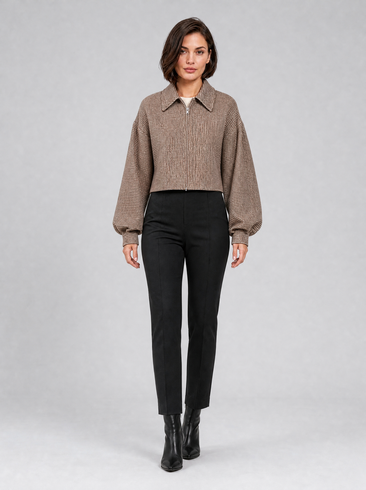 Women's Houndstooth Wool Blend Cropped Zip Coat Relaxed Fit